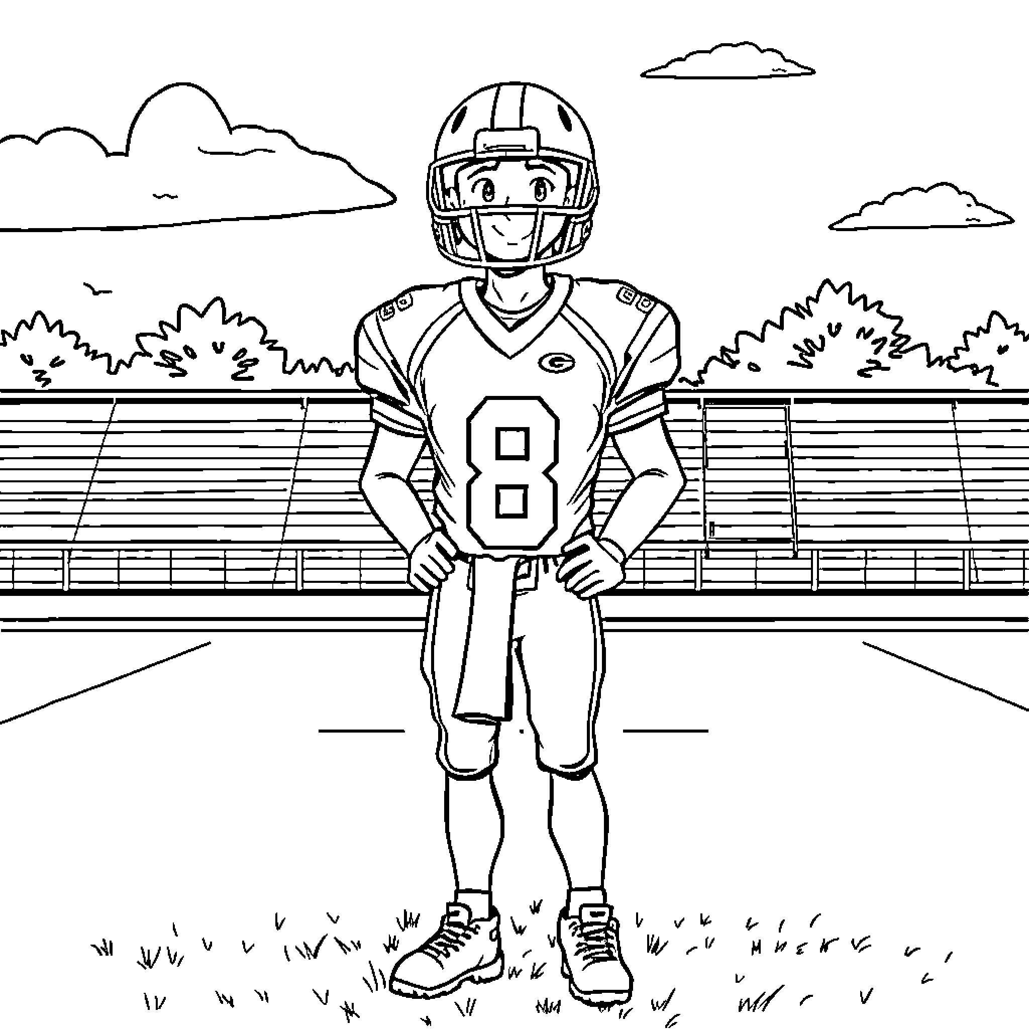Football Player Smiling on the Field Coloring Page (free black-and-white line drawing printable PDF for all, from beginners to advanced learners, including children, teens, adults, and seniors)