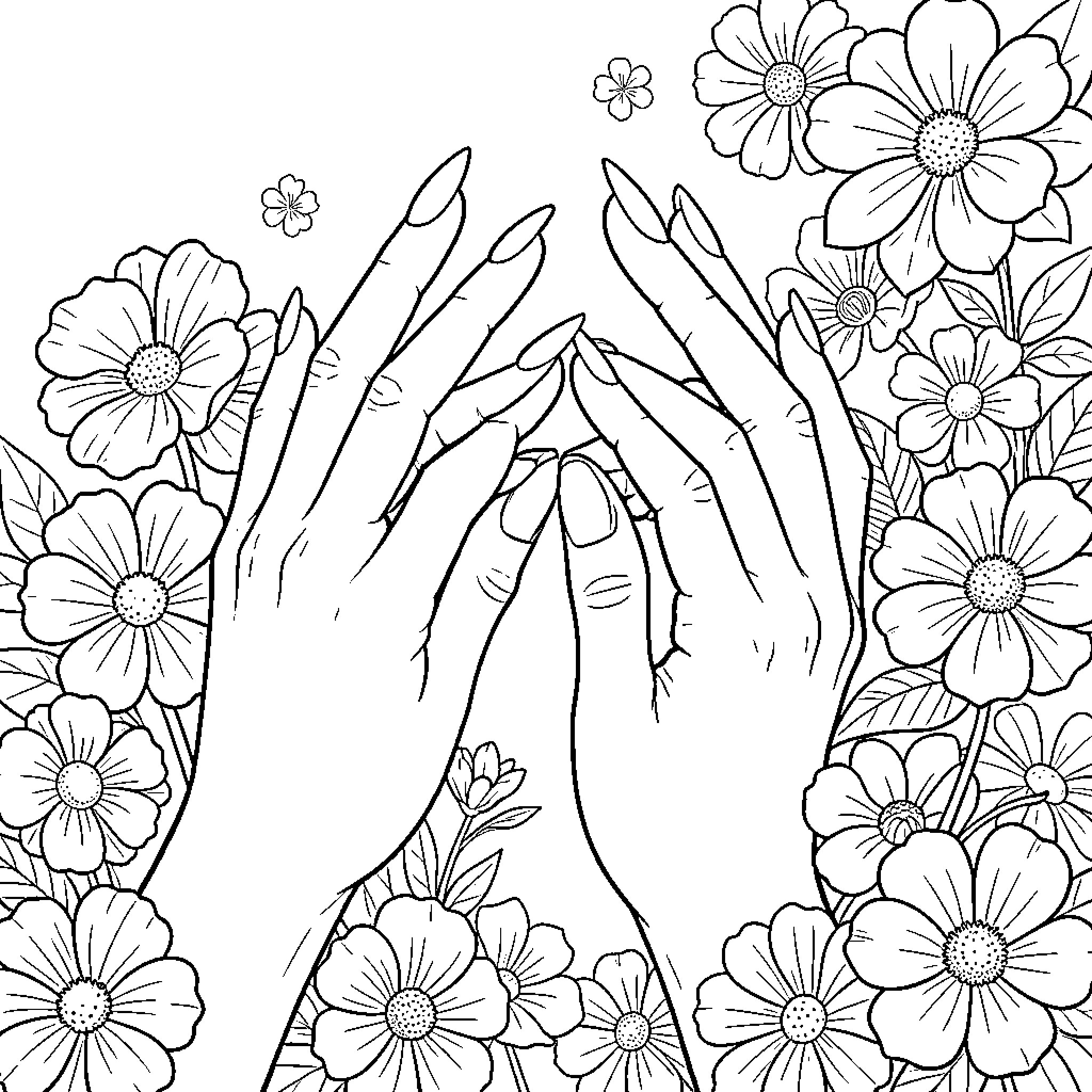 Hand gesture surrounded by delicate floral elements Coloring Page (free black-and-white line drawing printable PDF for all, from beginners to advanced learners, including children, teens, adults, and seniors)