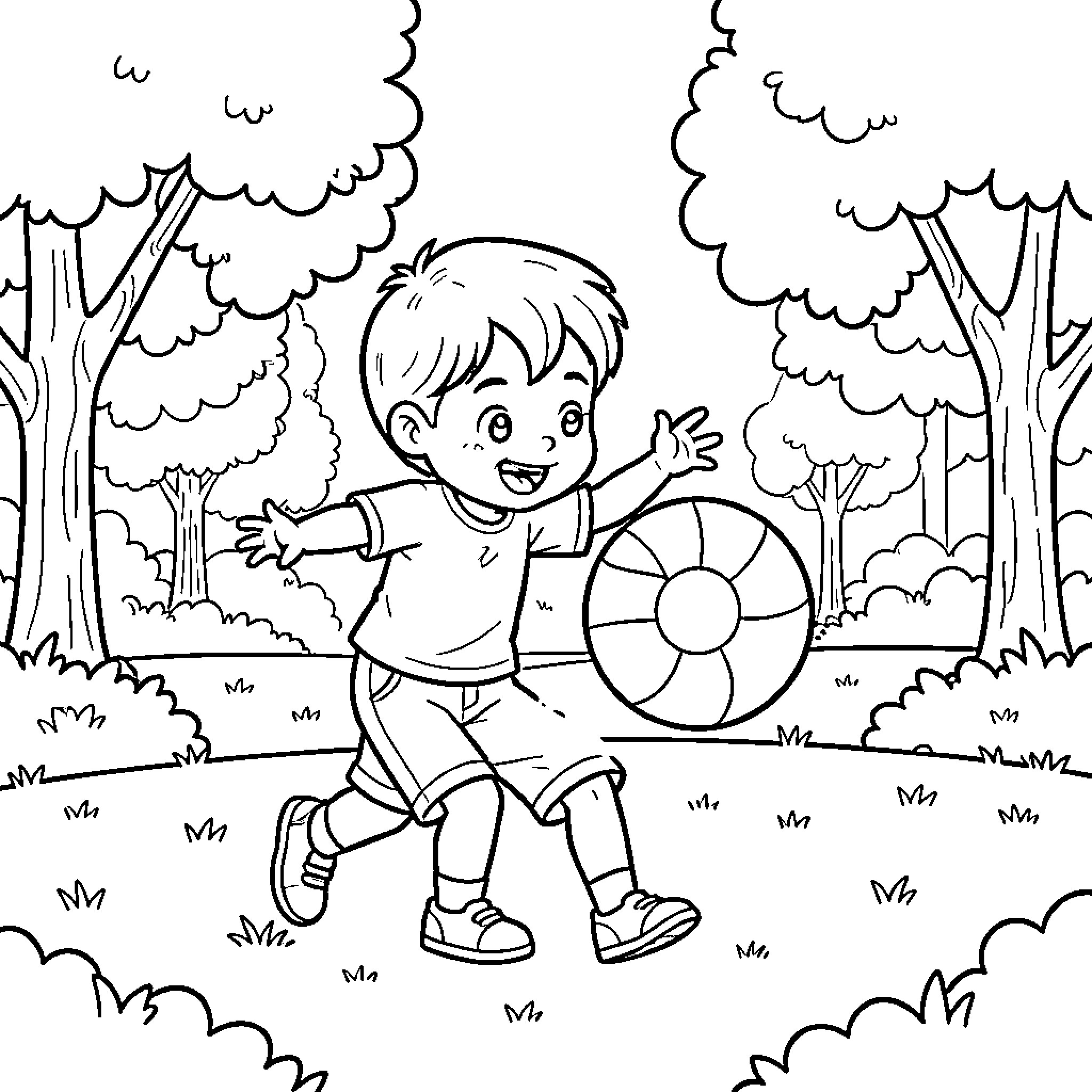 Child playing with a ball in the park Coloring Page (free black-and-white line drawing printable PDF for all, from beginners to advanced learners, including children, teens, adults, and seniors)