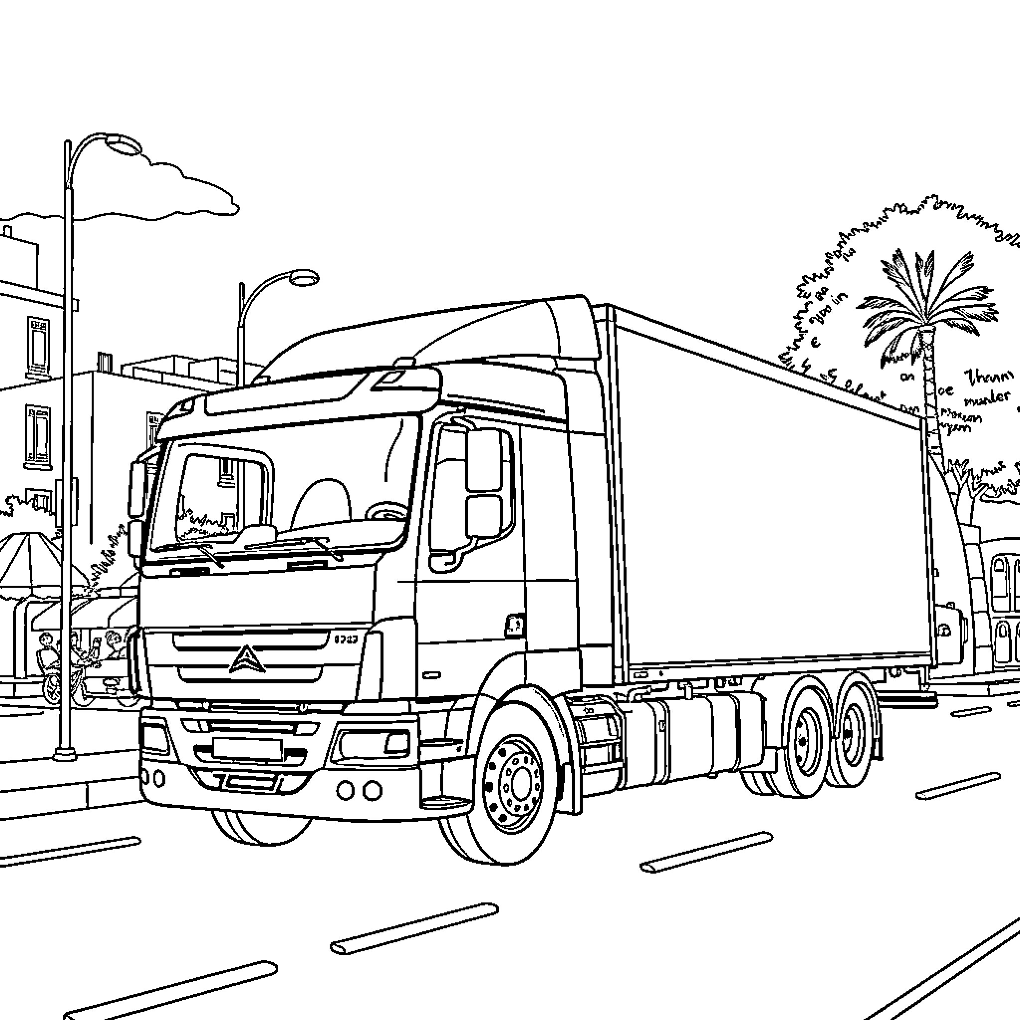 Camion transporting goods in urban setting Coloring Page (free black-and-white line drawing printable PDF for all, from beginners to advanced learners, including children, teens, adults, and seniors)