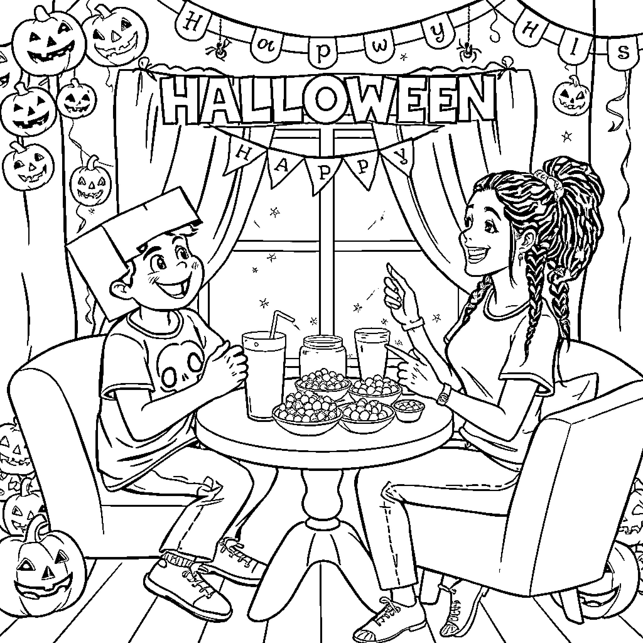 Friends enjoying Halloween party together Coloring Page (free black-and-white line drawing printable PDF for all, from beginners to advanced learners, including children, teens, adults, and seniors)