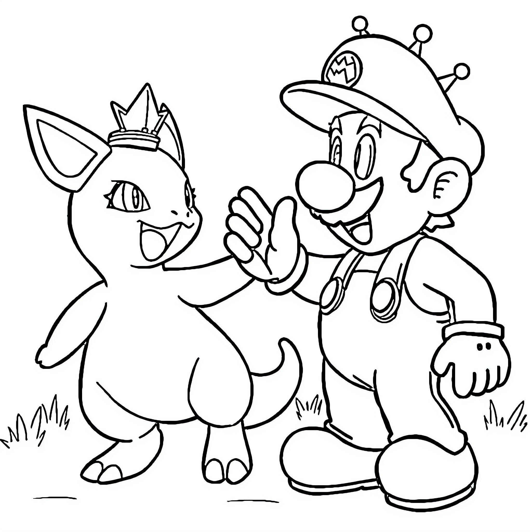 Mario greeting a cute cat character Coloring Page (free black-and-white line drawing printable PDF for all, from beginners to advanced learners, including children, teens, adults, and seniors)