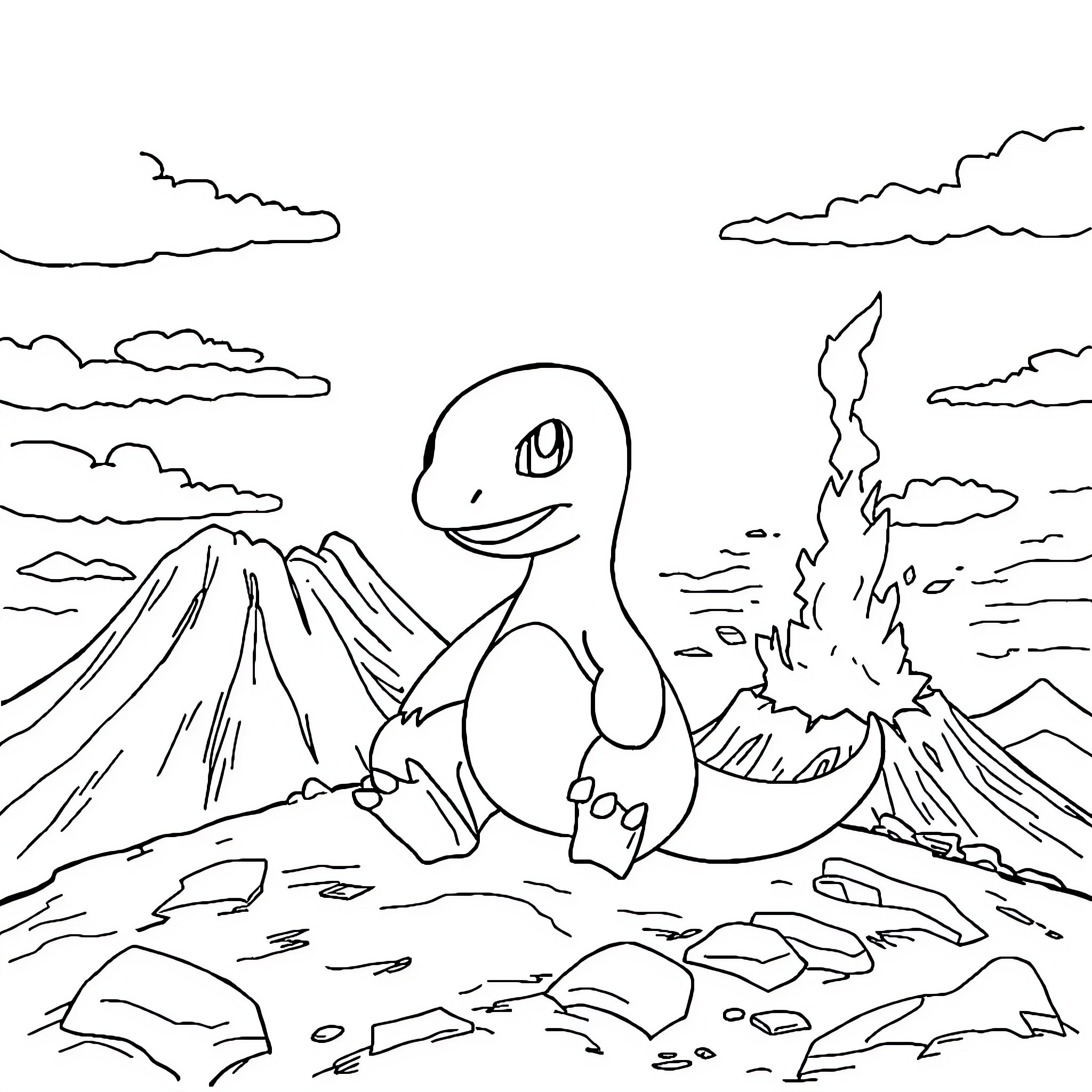 Charmander exploring a volcanic landscape Coloring Page (free black-and-white line drawing printable PDF for all, from beginners to advanced learners, including children, teens, adults, and seniors)