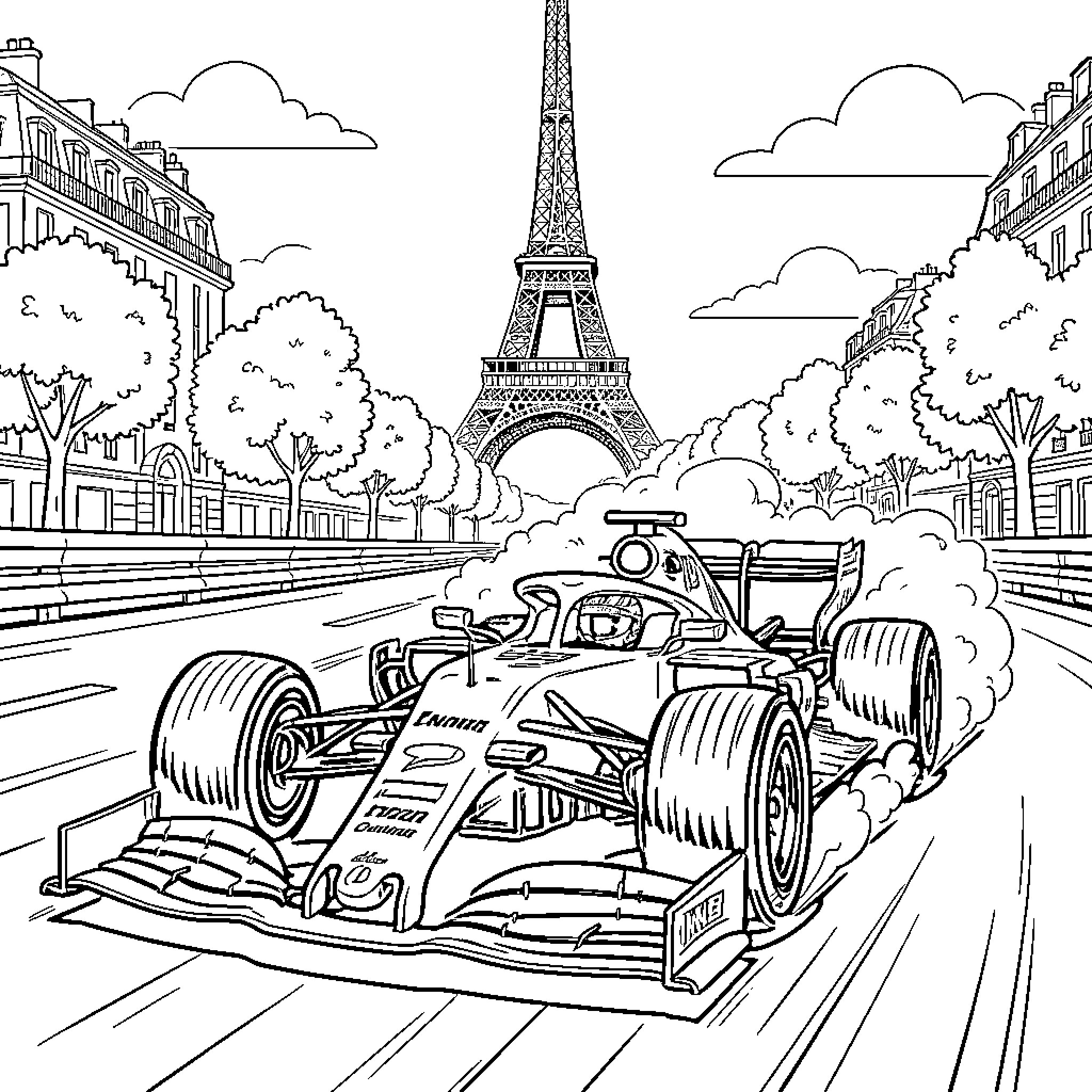 Formula 1 racing car speeding past the Eiffel Tower Coloring Page (free black-and-white line drawing printable PDF for all, from beginners to advanced learners, including children, teens, adults, and seniors)
