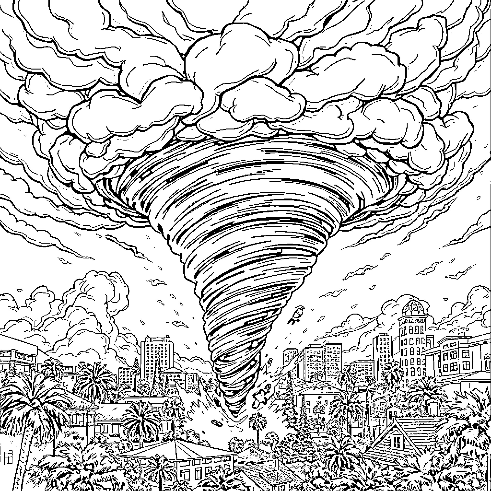 Tornado sweeping through a bustling city landscape Coloring Page (free black-and-white line drawing printable PDF for all, from beginners to advanced learners, including children, teens, adults, and seniors)