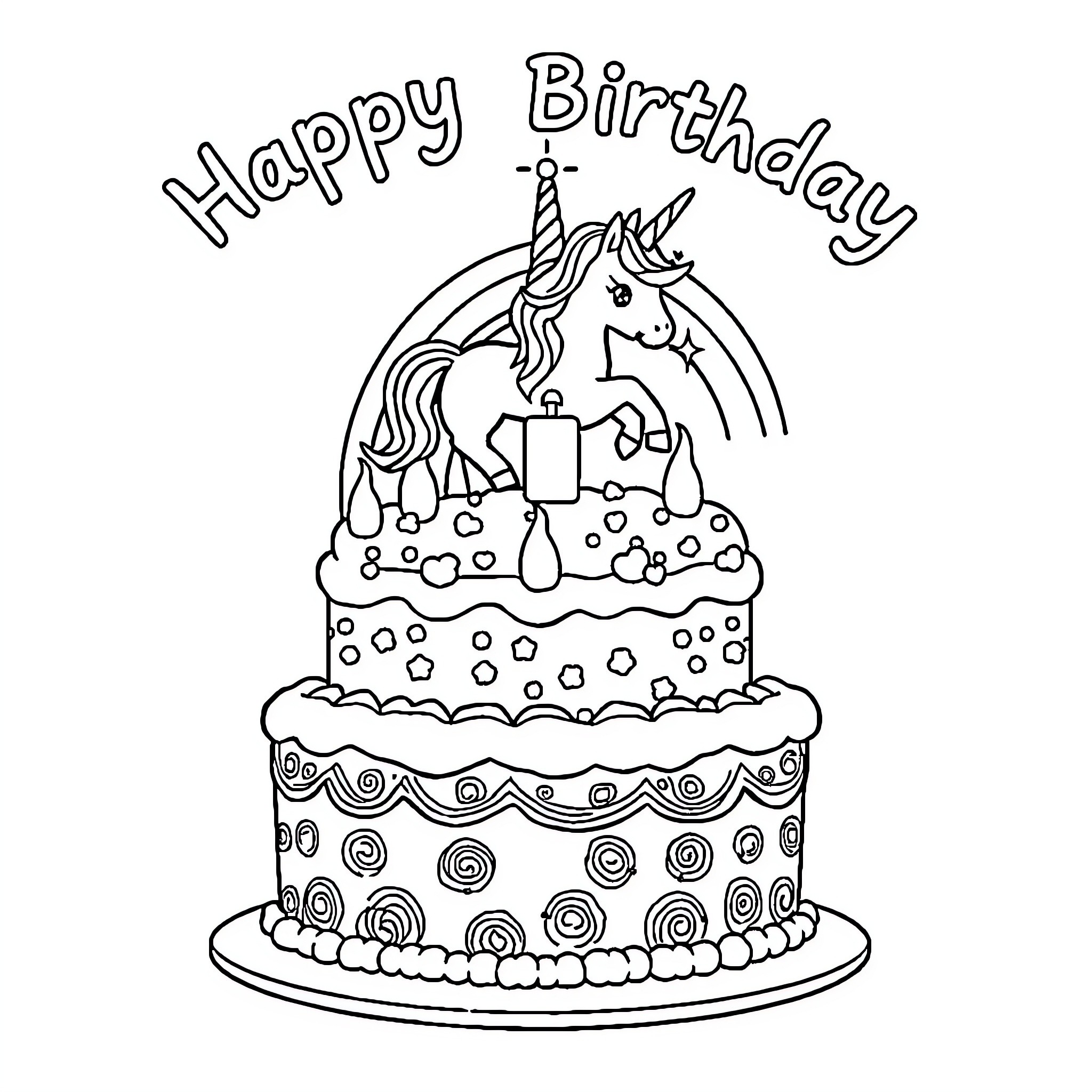 Birthday Cake with Unicorn Topper and Swirly Decorations Coloring Page (free black-and-white line drawing printable PDF for all, from beginners to advanced learners, including children, teens, adults, and seniors)