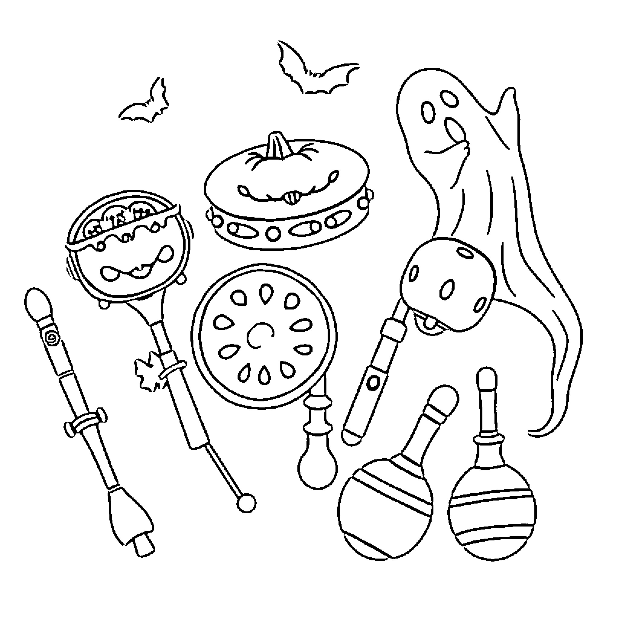 Musical Instrument Halloween-themed Objects Coloring Page (free black-and-white line drawing printable PDF for all, from beginners to advanced learners, including children, teens, adults, and seniors)