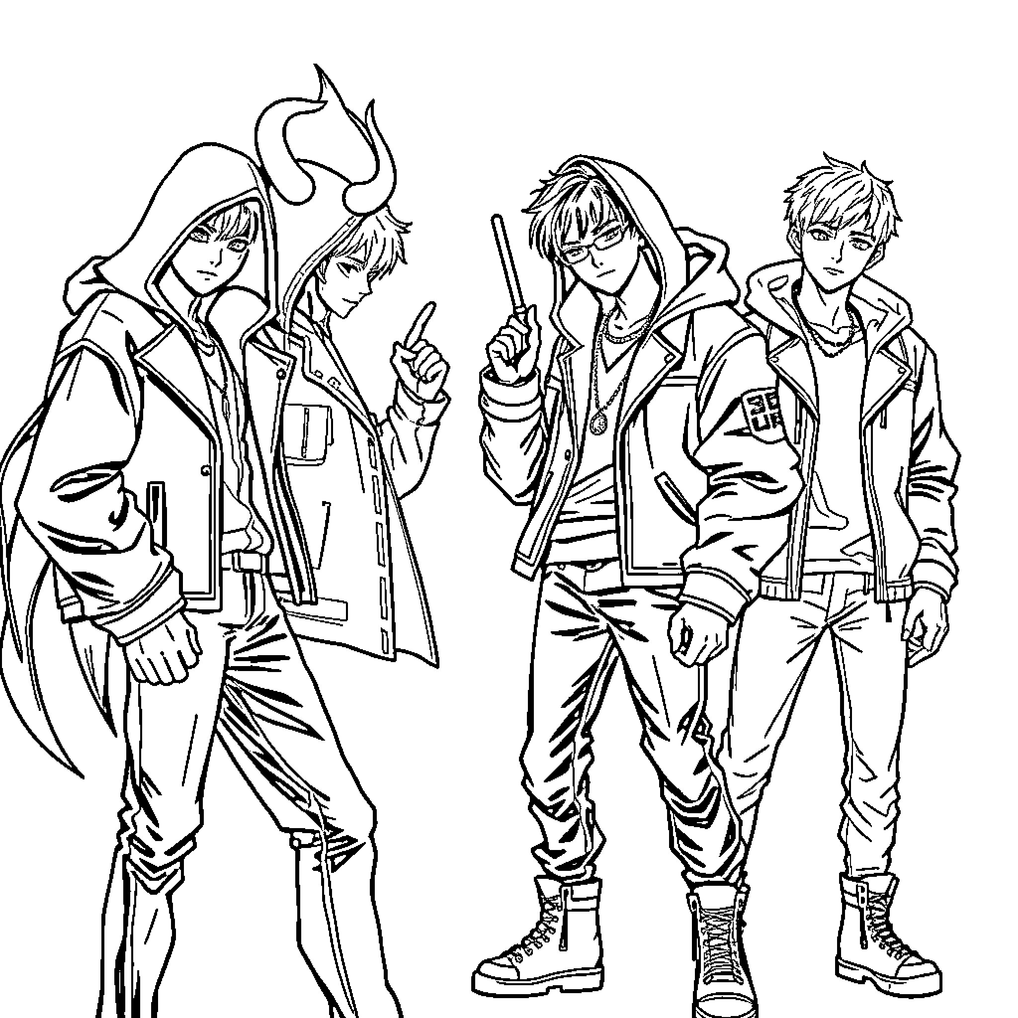 Demon Hunters Ready for Action Coloring Page (free black-and-white line drawing printable PDF for all, from beginners to advanced learners, including children, teens, adults, and seniors)