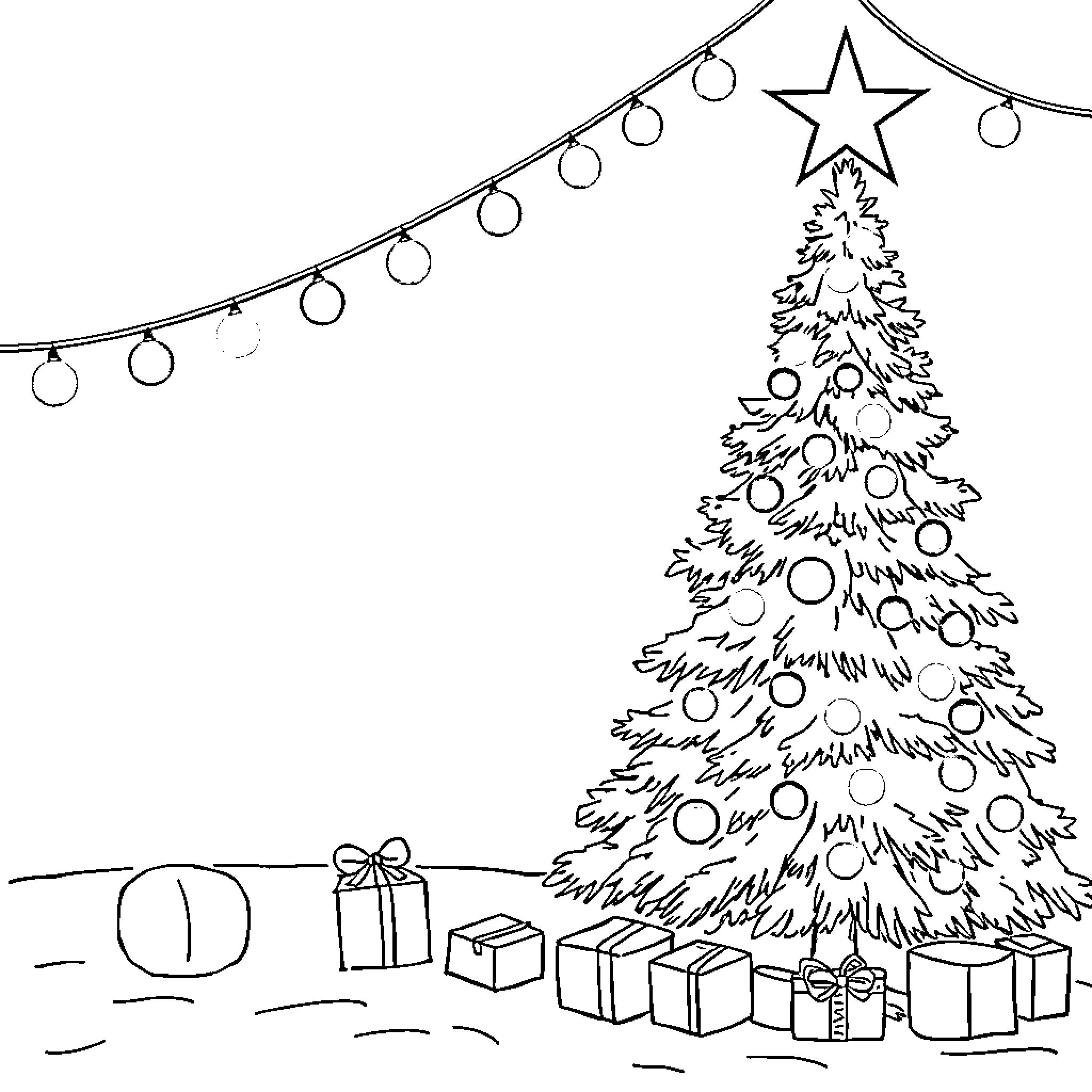 Christmas Tree with Ornaments and Gifts Coloring Page (free black-and-white line drawing printable PDF for all, from beginners to advanced learners, including children, teens, adults, and seniors)