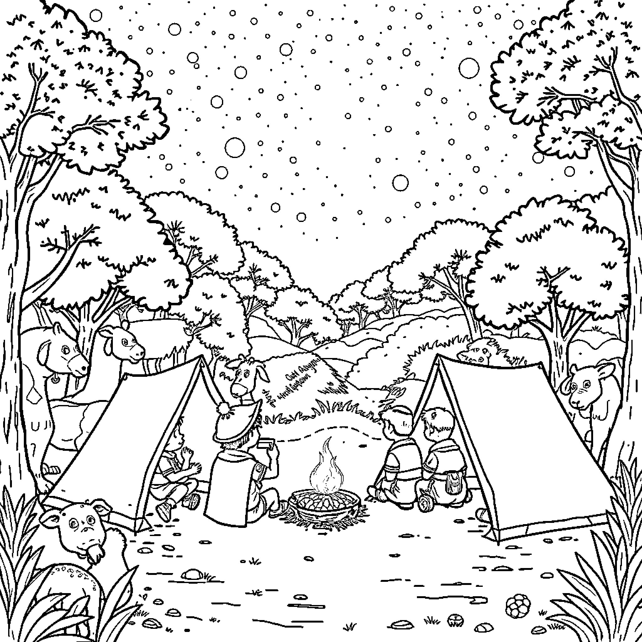 Cub Scouts Enjoying Camping Adventure in Nature Coloring Page (free black-and-white line drawing printable PDF for all, from beginners to advanced learners, including children, teens, adults, and seniors)
