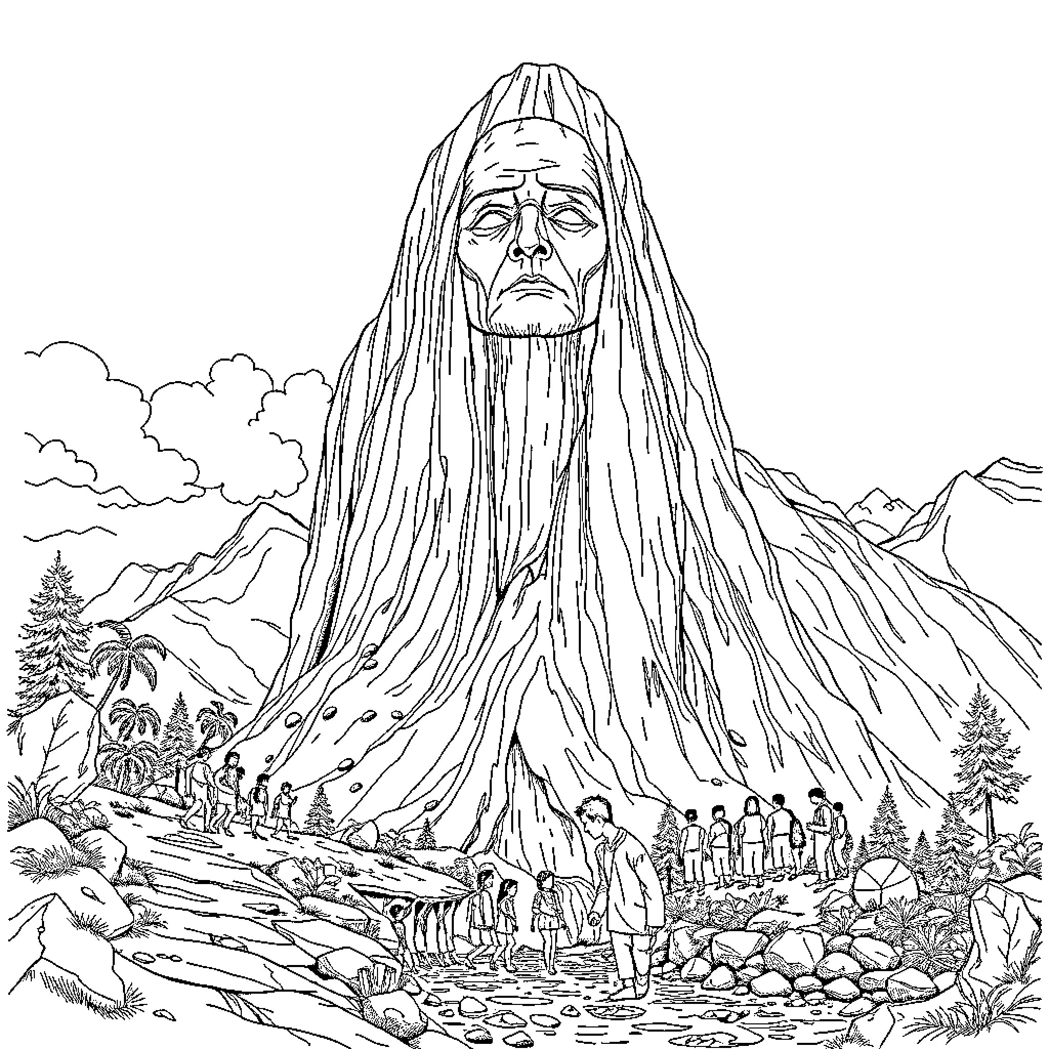 Mountain giant with long hair overlooking village Coloring Page (free black-and-white line drawing printable PDF for all, from beginners to advanced learners, including children, teens, adults, and seniors)