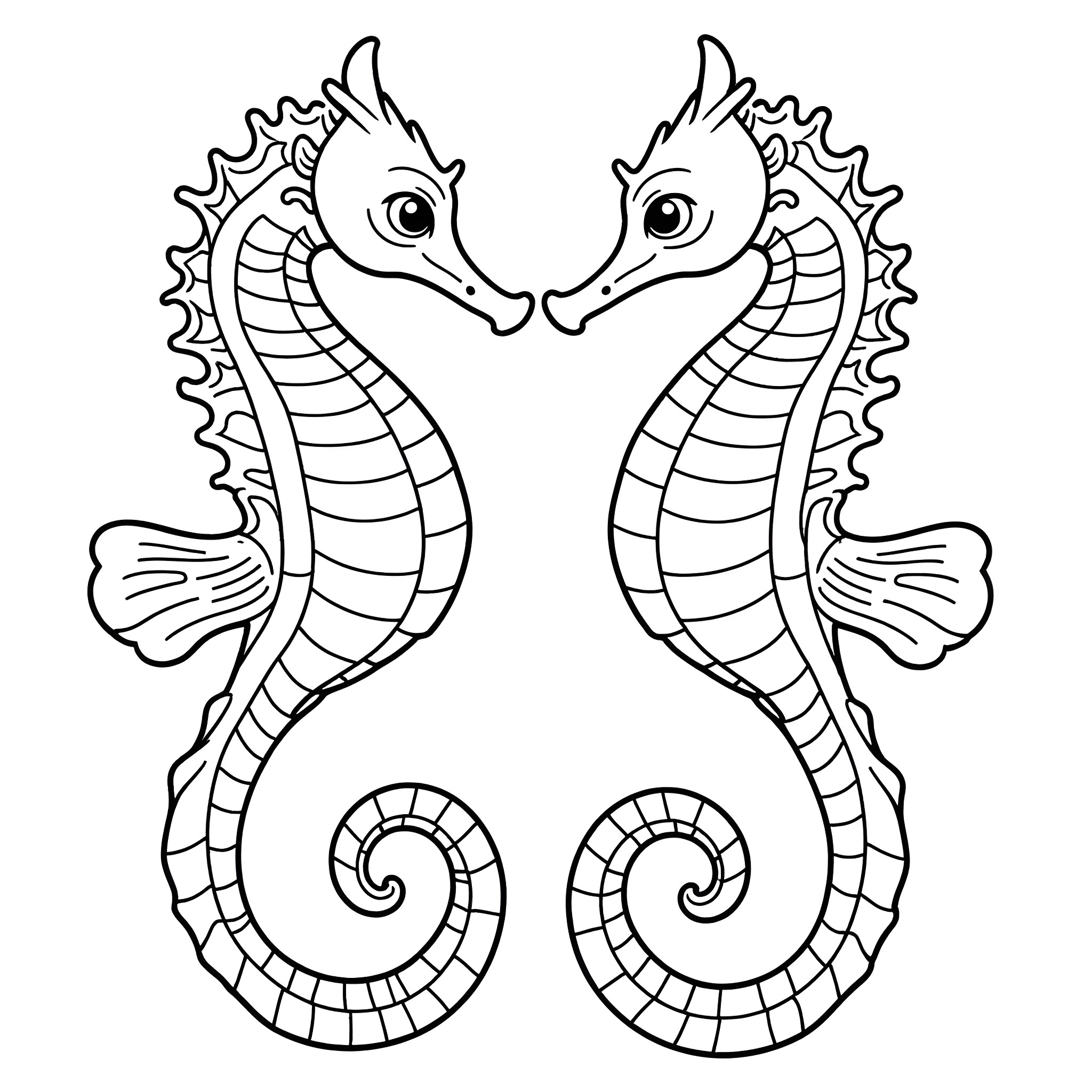 Seahorse pair swimming gracefully Coloring Page (free black-and-white line drawing printable PDF for all, from beginners to advanced learners, including children, teens, adults, and seniors)