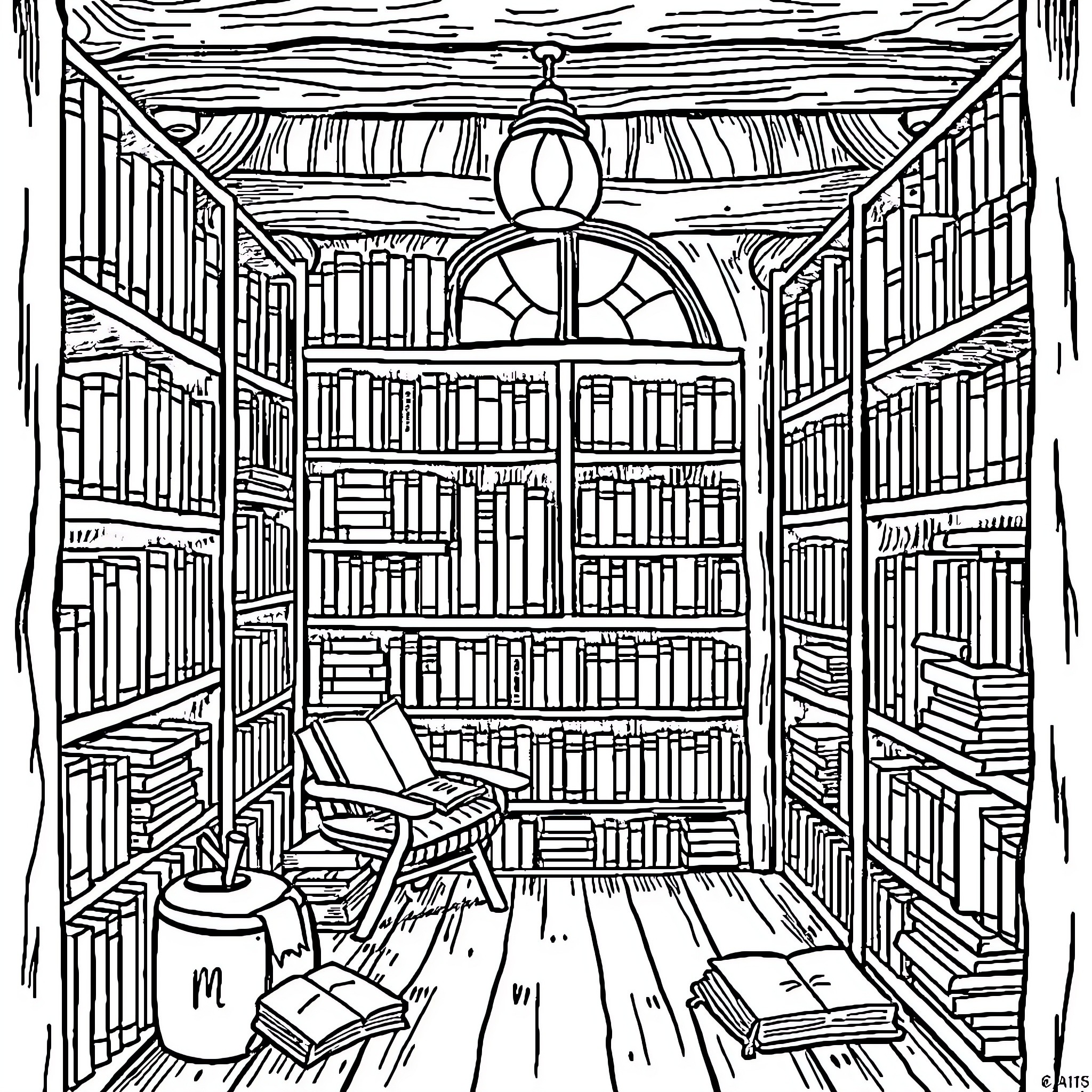 Bibliagodis: Cozy Study in an Enchanting Library Coloring Page (free black-and-white line drawing printable PDF for all, from beginners to advanced learners, including children, teens, adults, and seniors)