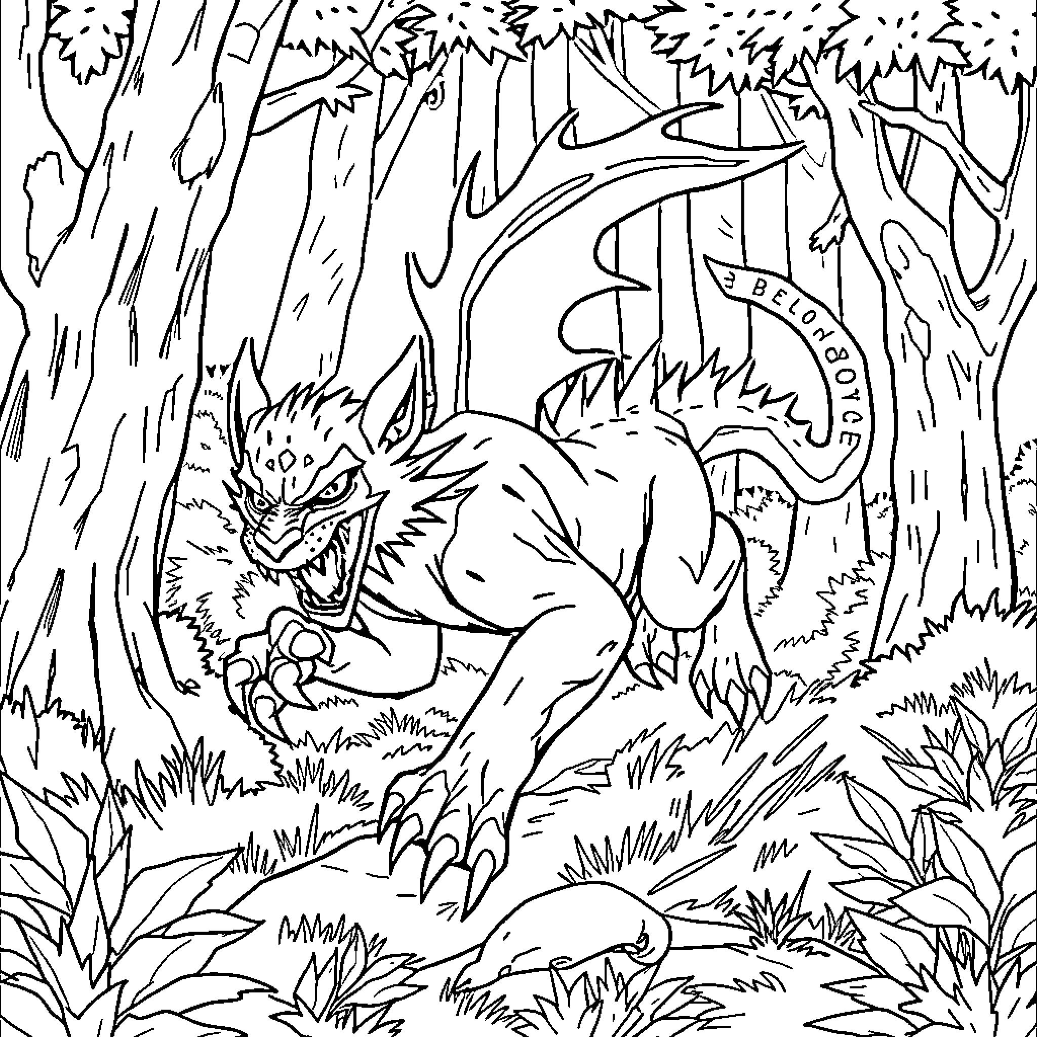 Manticore prowling through the dense forest Coloring Page (free black-and-white line drawing printable PDF for all, from beginners to advanced learners, including children, teens, adults, and seniors)