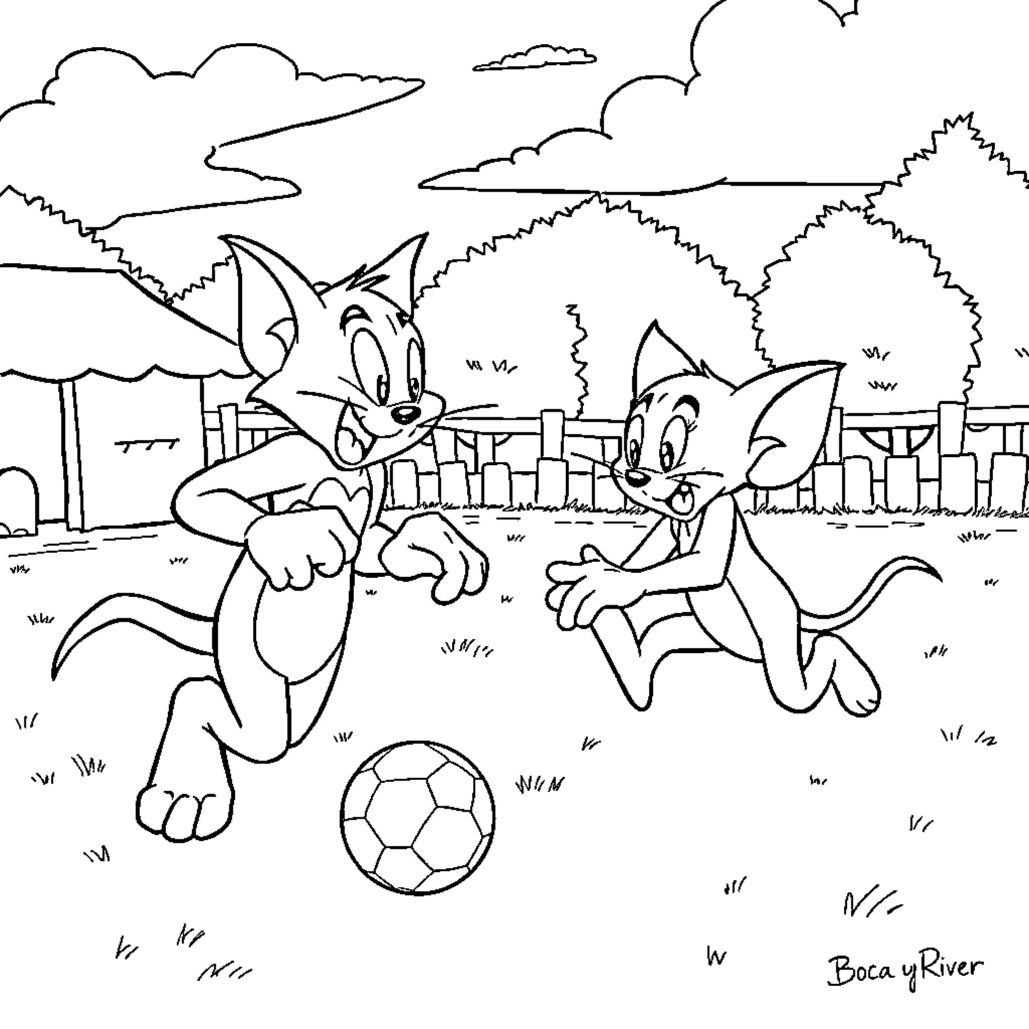 Tom and Jerry playing soccer in the park Coloring Page (free black-and-white line drawing printable PDF for all, from beginners to advanced learners, including children, teens, adults, and seniors)