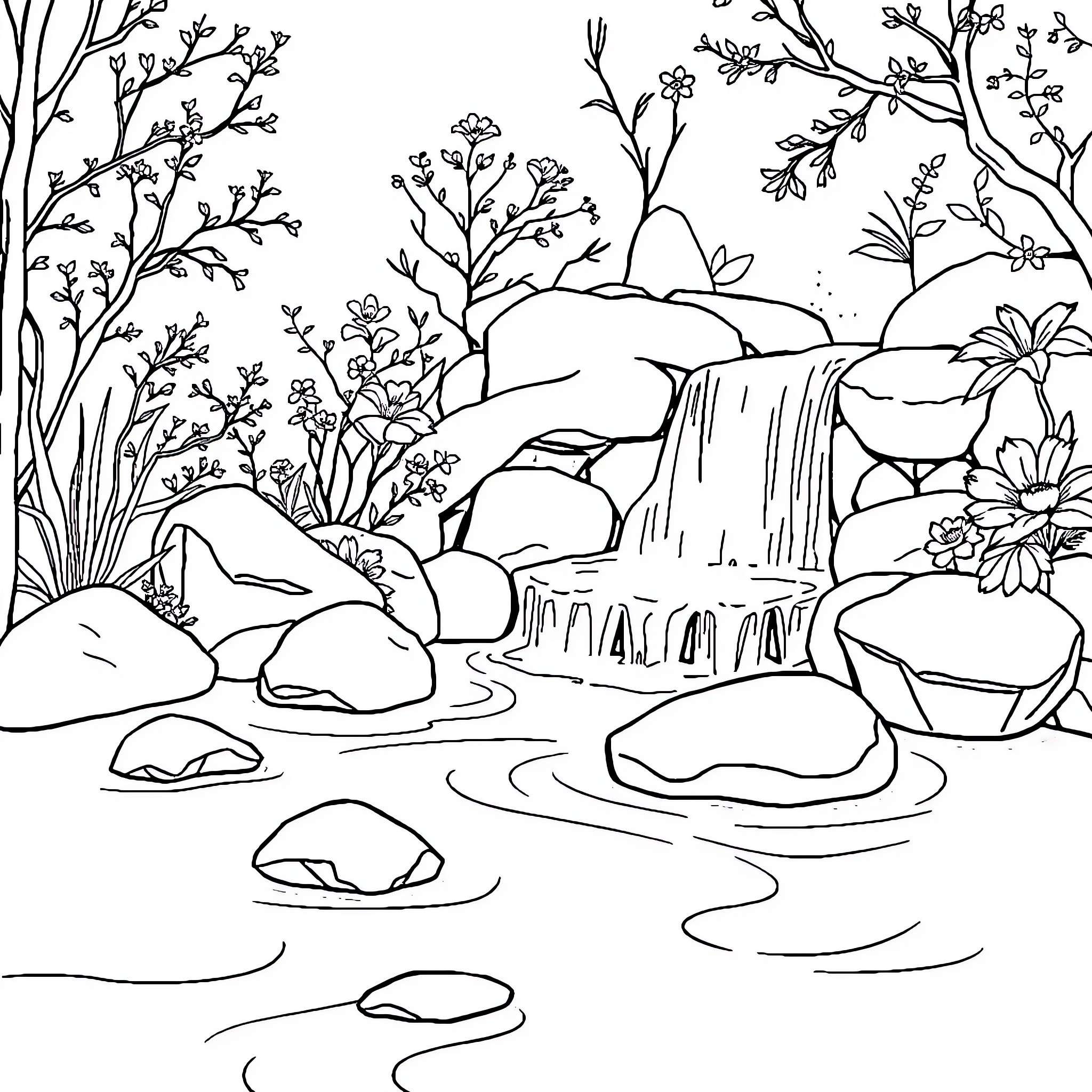 Zen Garden with Serene Waterfall and Lush Foliage Coloring Page (free black-and-white line drawing printable PDF for all, from beginners to advanced learners, including children, teens, adults, and seniors)