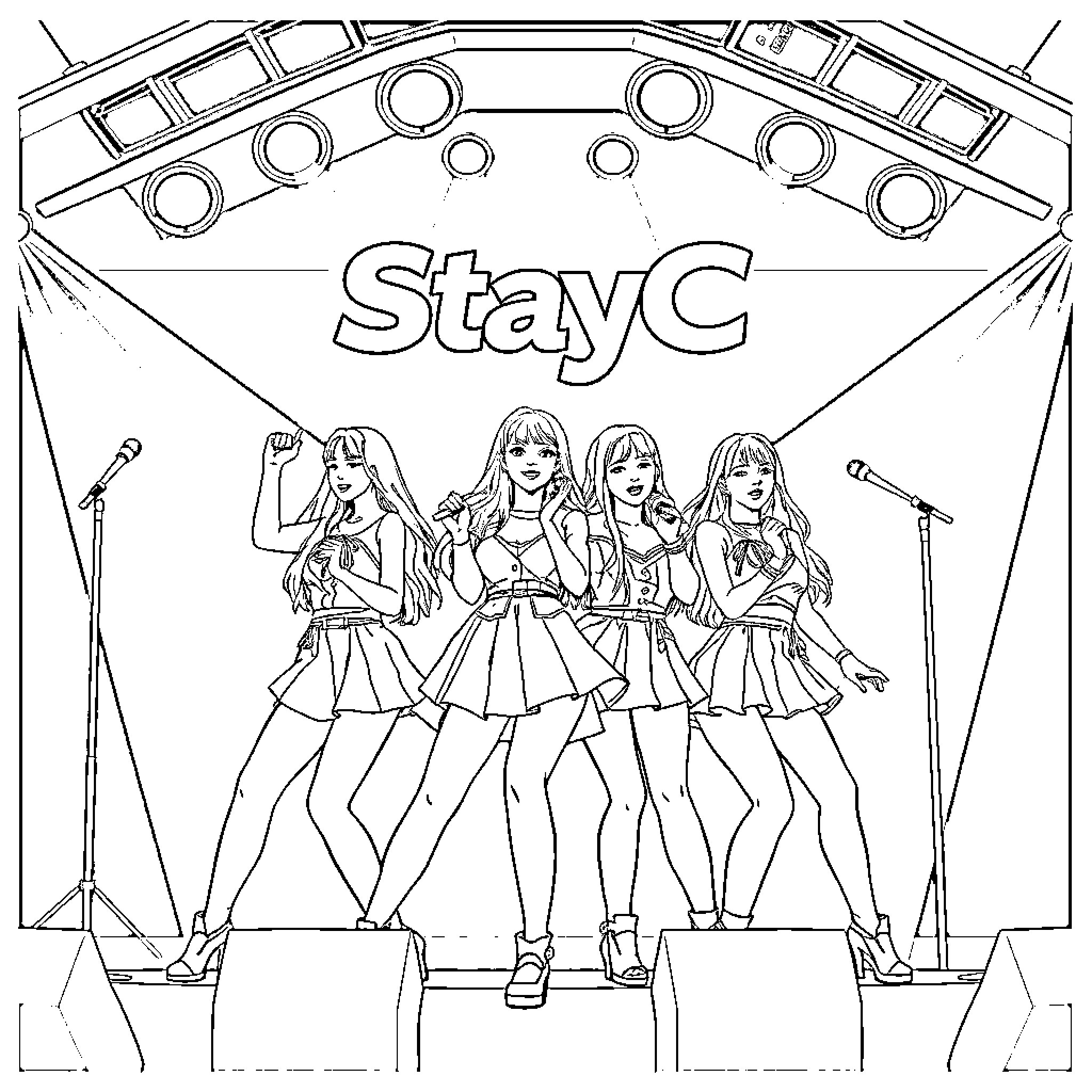Stayc performing together on stage Coloring Page (free black-and-white line drawing printable PDF for all, from beginners to advanced learners, including children, teens, adults, and seniors)