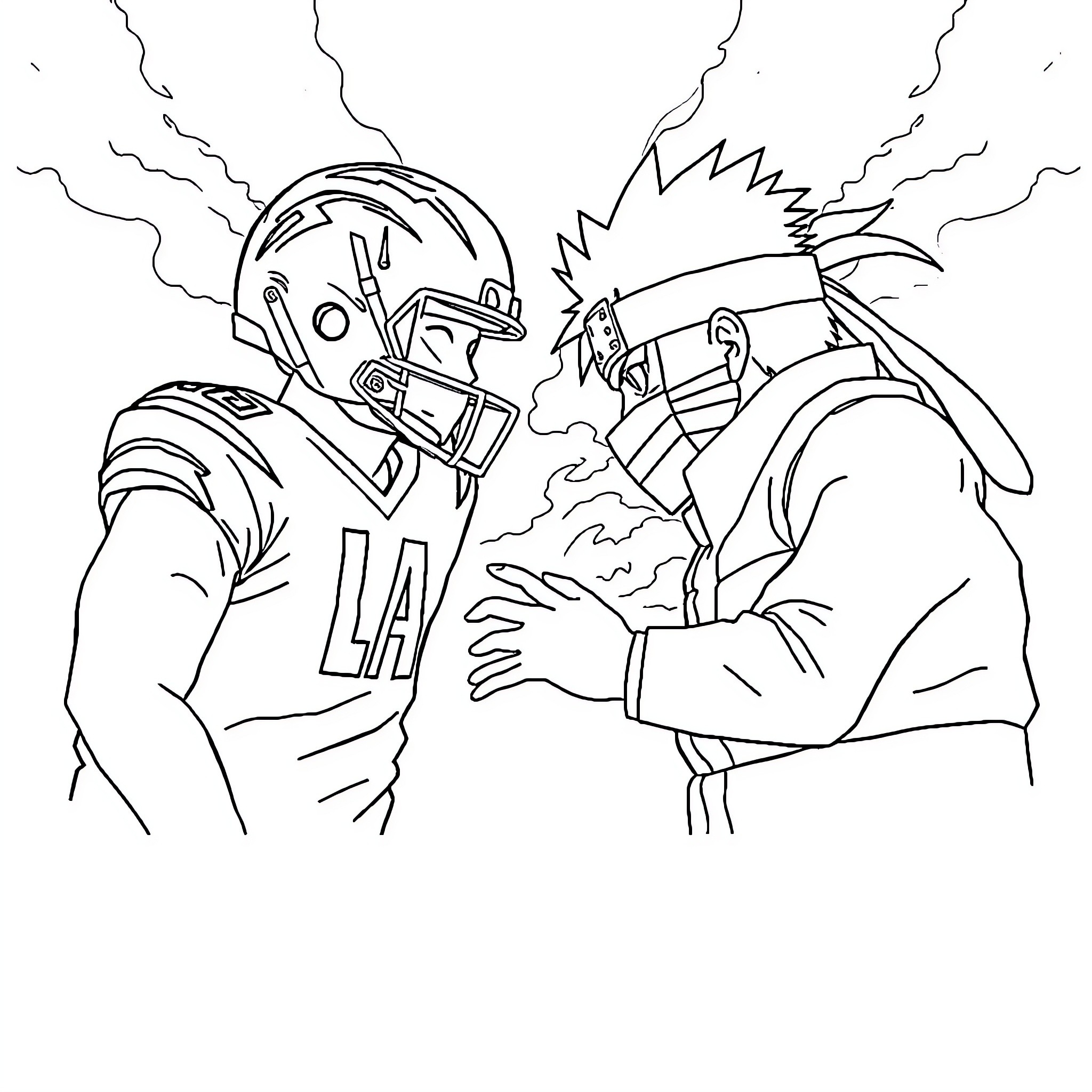 Naruto characters in an intense football match Coloring Page (free black-and-white line drawing printable PDF for all, from beginners to advanced learners, including children, teens, adults, and seniors)