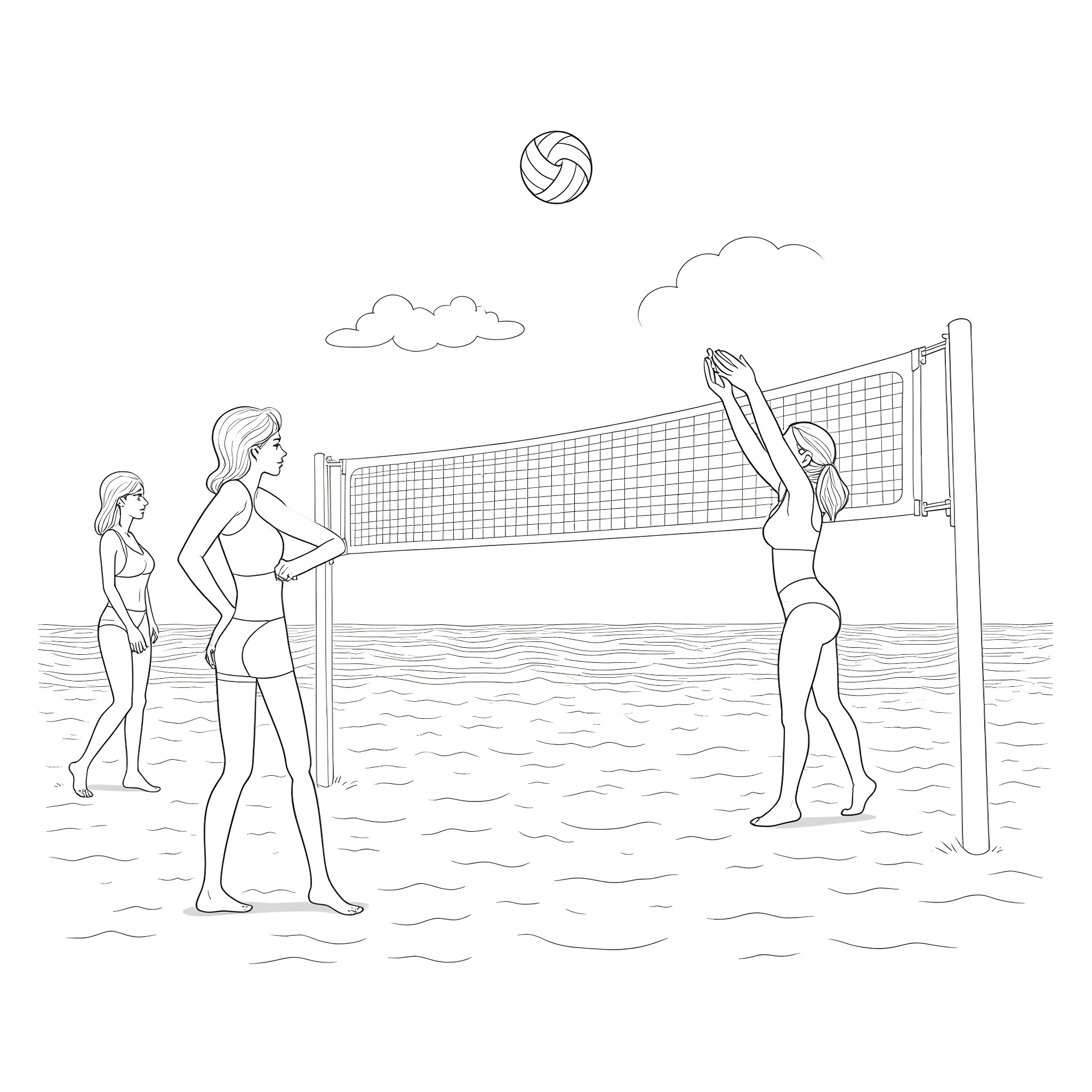 Yeat friends playing volleyball on the beach Coloring Page (free black-and-white line drawing printable PDF for all, from beginners to advanced learners, including children, teens, adults, and seniors)