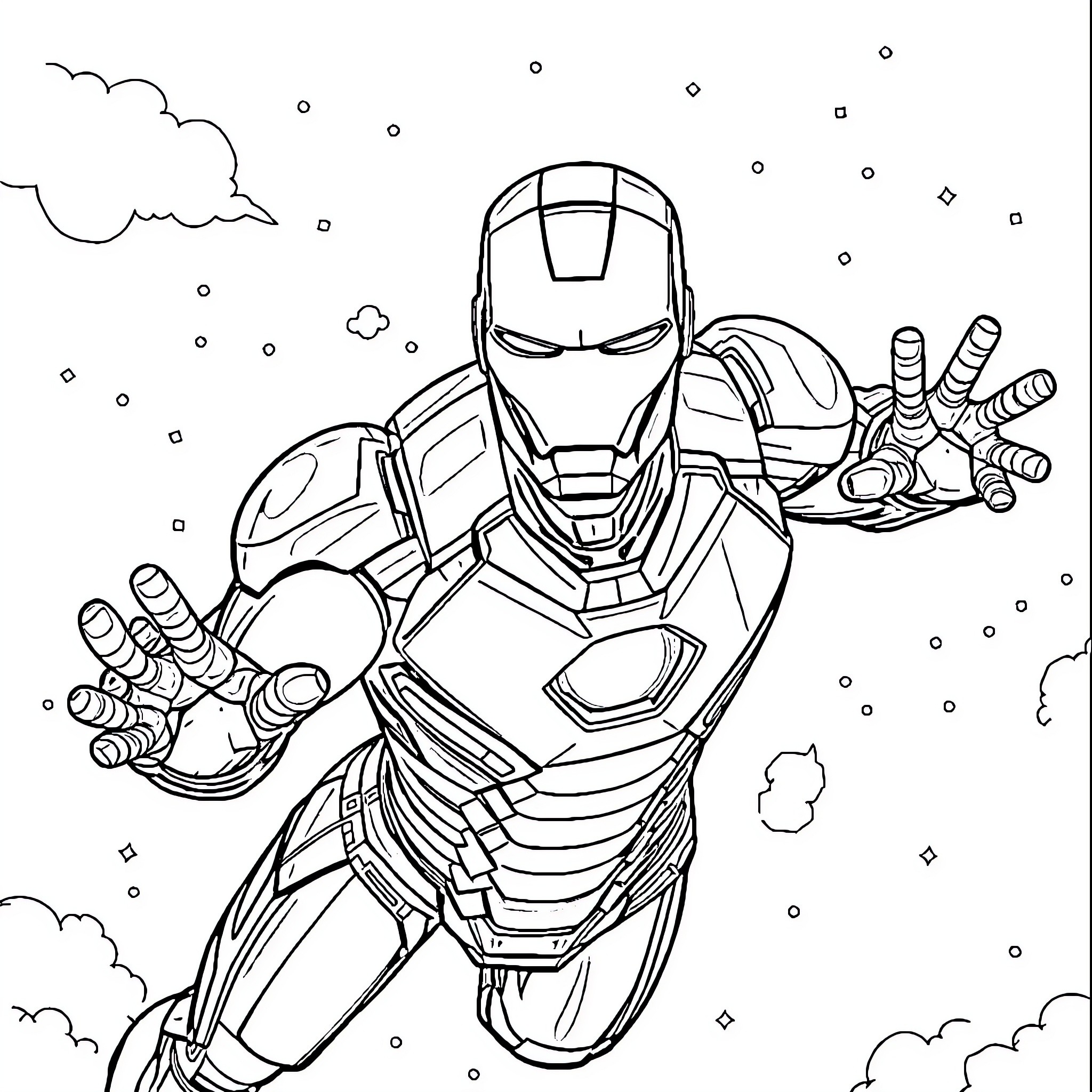 Iron Man Soaring Through the Cosmic Skies Coloring Page (free black-and-white line drawing printable PDF for all, from beginners to advanced learners, including children, teens, adults, and seniors)