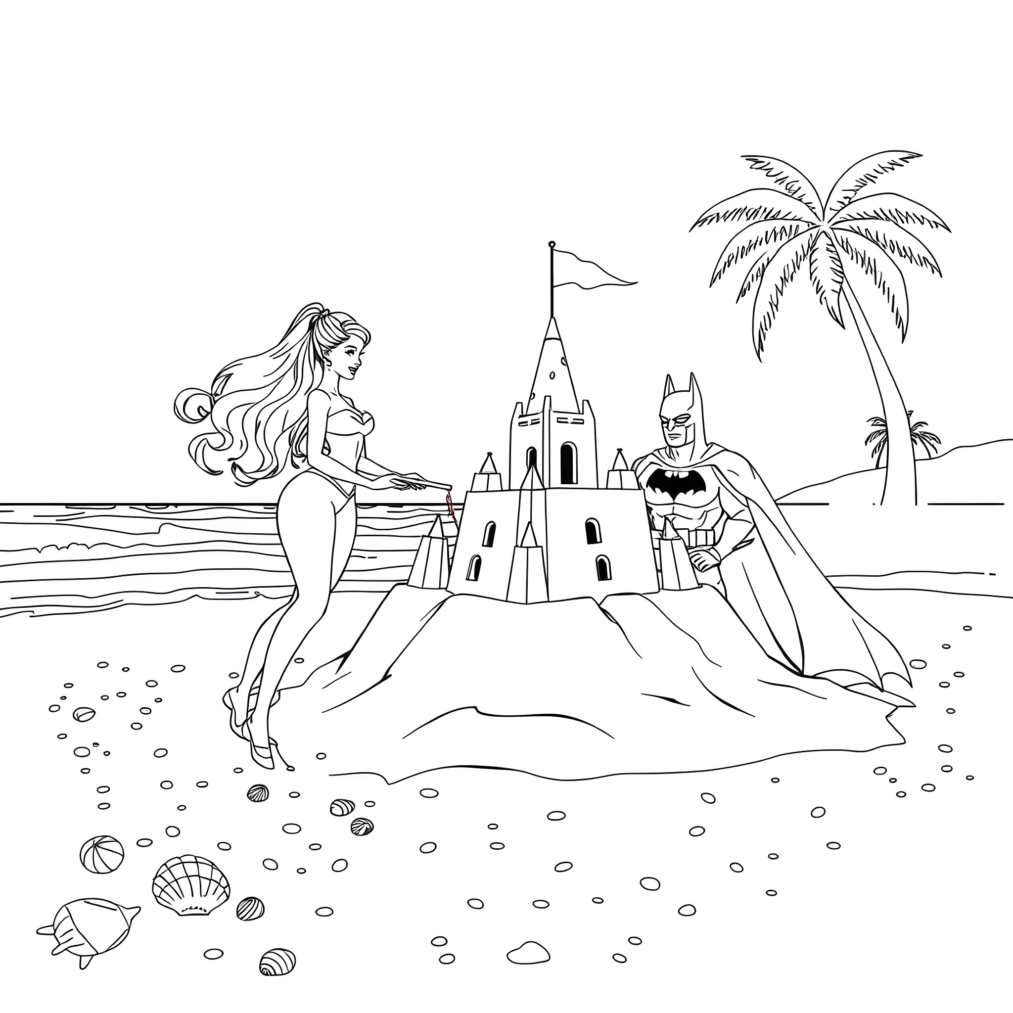 Barbie and Batman Building Sandcastles on the Beach Coloring Page (free black-and-white line drawing printable PDF for all, from beginners to advanced learners, including children, teens, adults, and seniors)