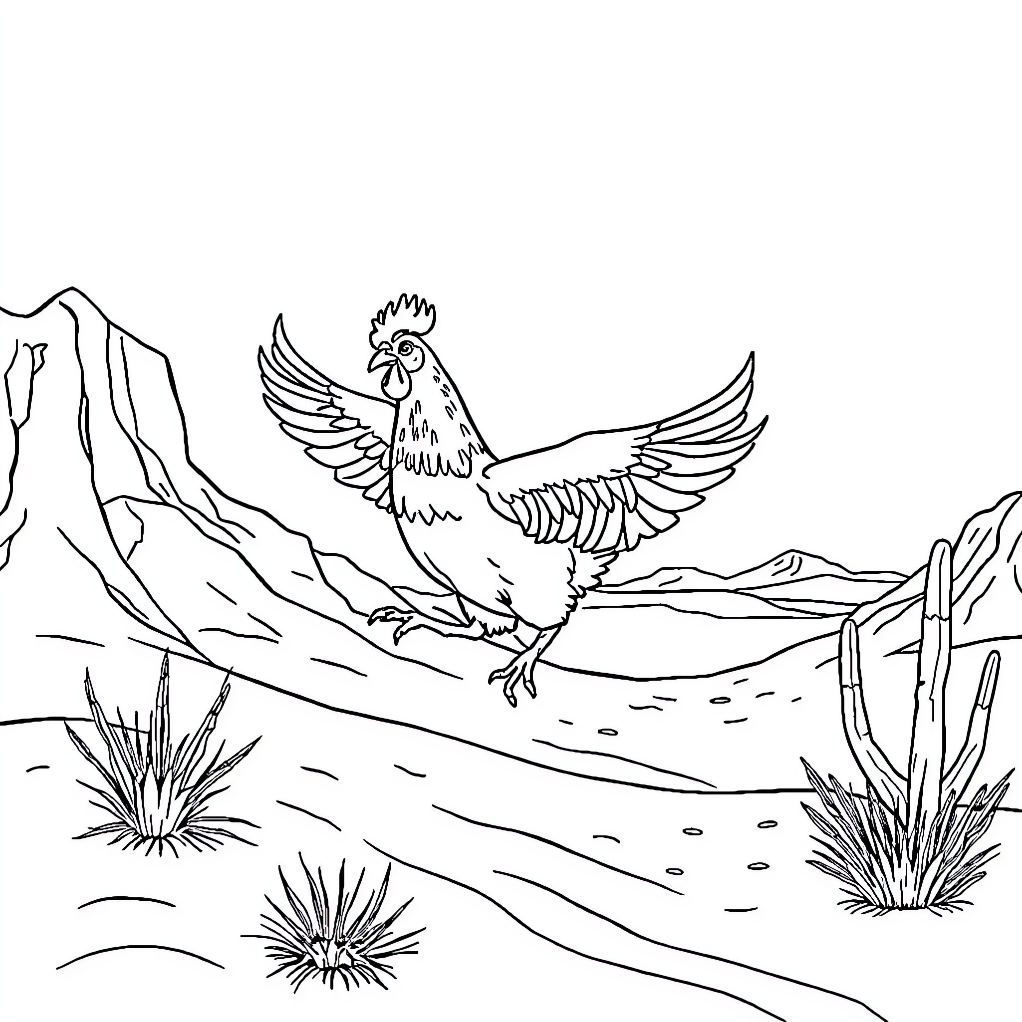 Chicken soaring through a desert landscape Coloring Page (free black-and-white line drawing printable PDF for all, from beginners to advanced learners, including children, teens, adults, and seniors)