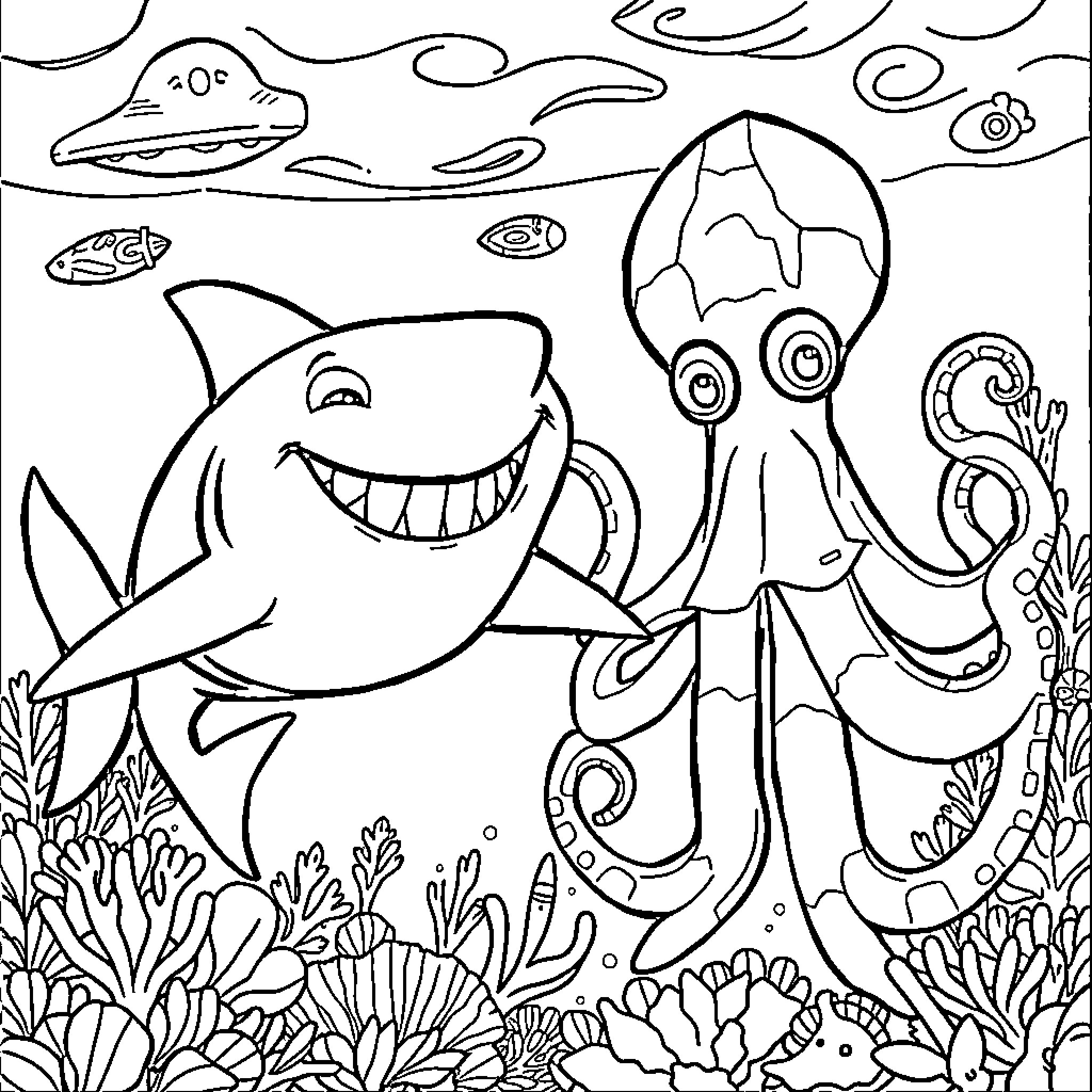 Shark and Octopus Playing Underwater Coloring Page (free black-and-white line drawing printable PDF for all, from beginners to advanced learners, including children, teens, adults, and seniors)