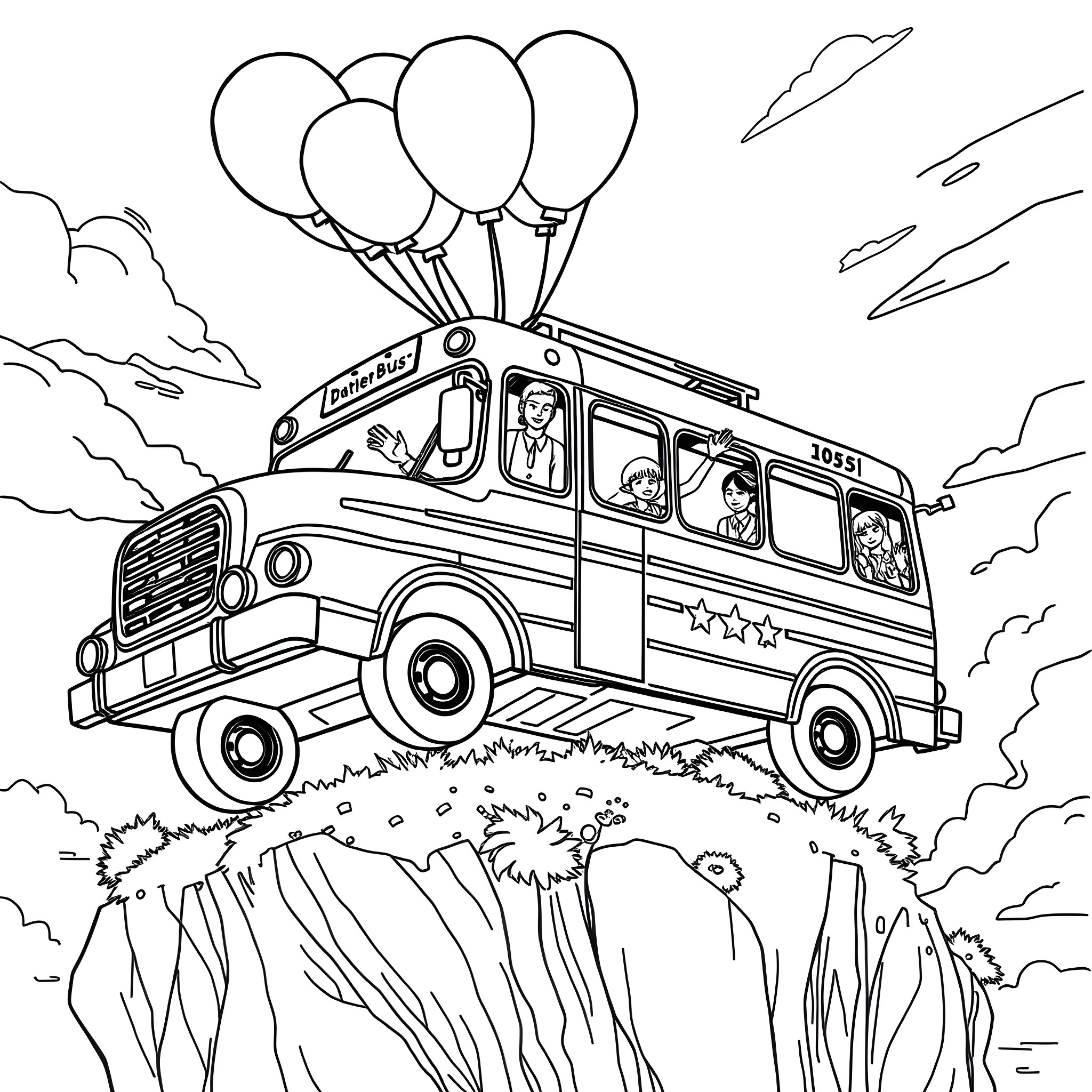 Fortnite Battle Bus with Characters Riding Coloring Page (free black-and-white line drawing printable PDF for all, from beginners to advanced learners, including children, teens, adults, and seniors)