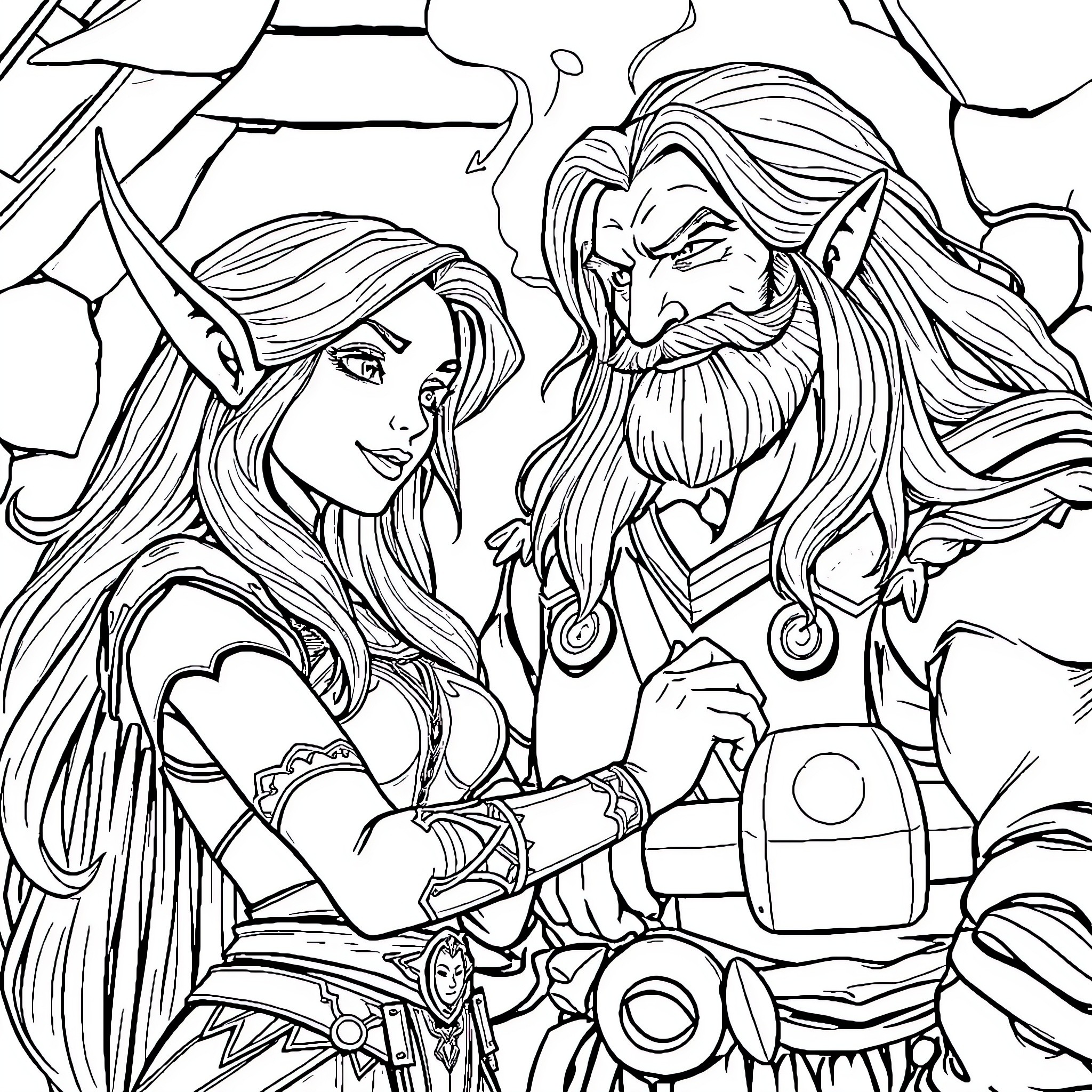 Elf warriors in fierce battle stance Coloring Page (free black-and-white line drawing printable PDF for all, from beginners to advanced learners, including children, teens, adults, and seniors)