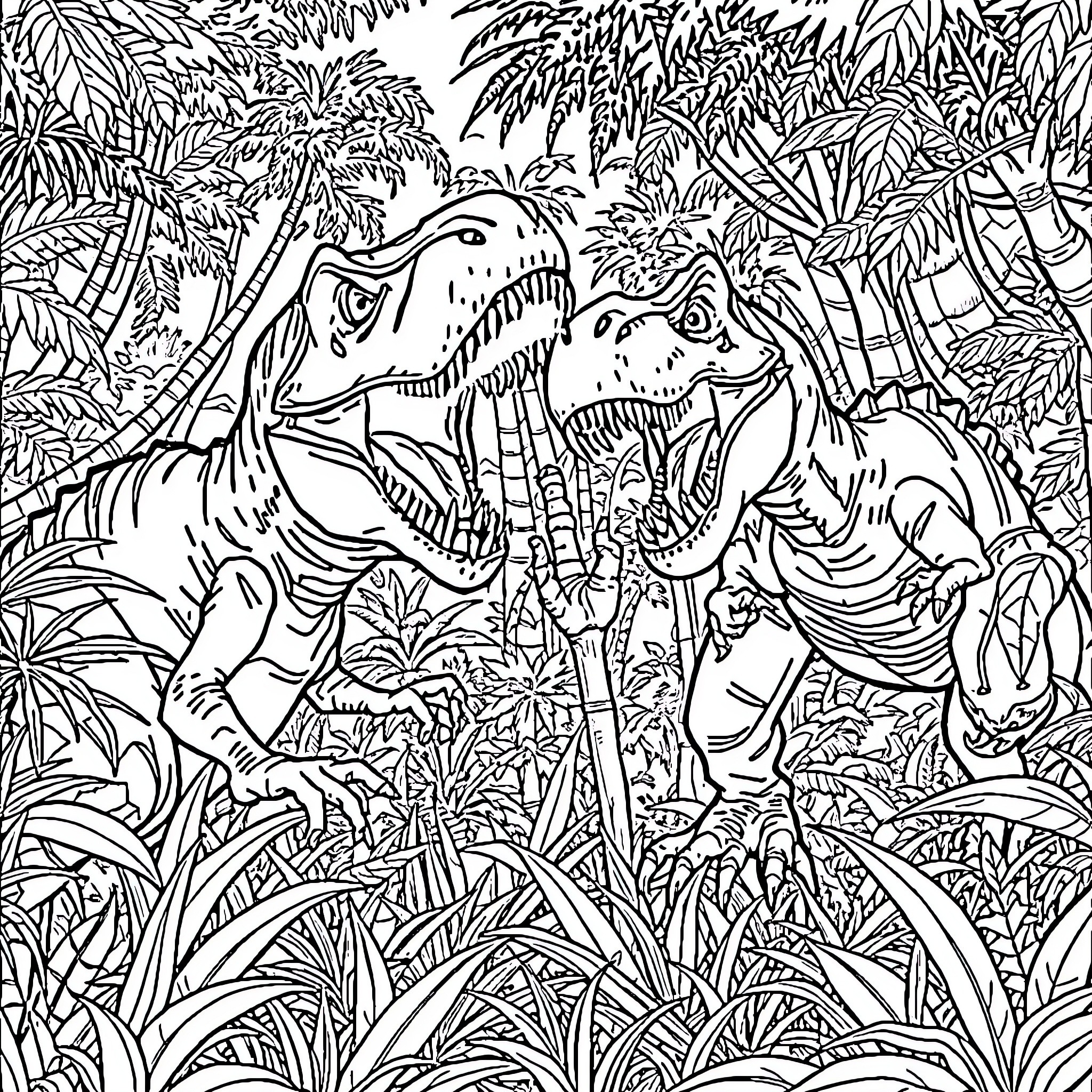 Dinosaurs fighting fiercely in the prehistoric jungle Coloring Page (free black-and-white line drawing printable PDF for all, from beginners to advanced learners, including children, teens, adults, and seniors)