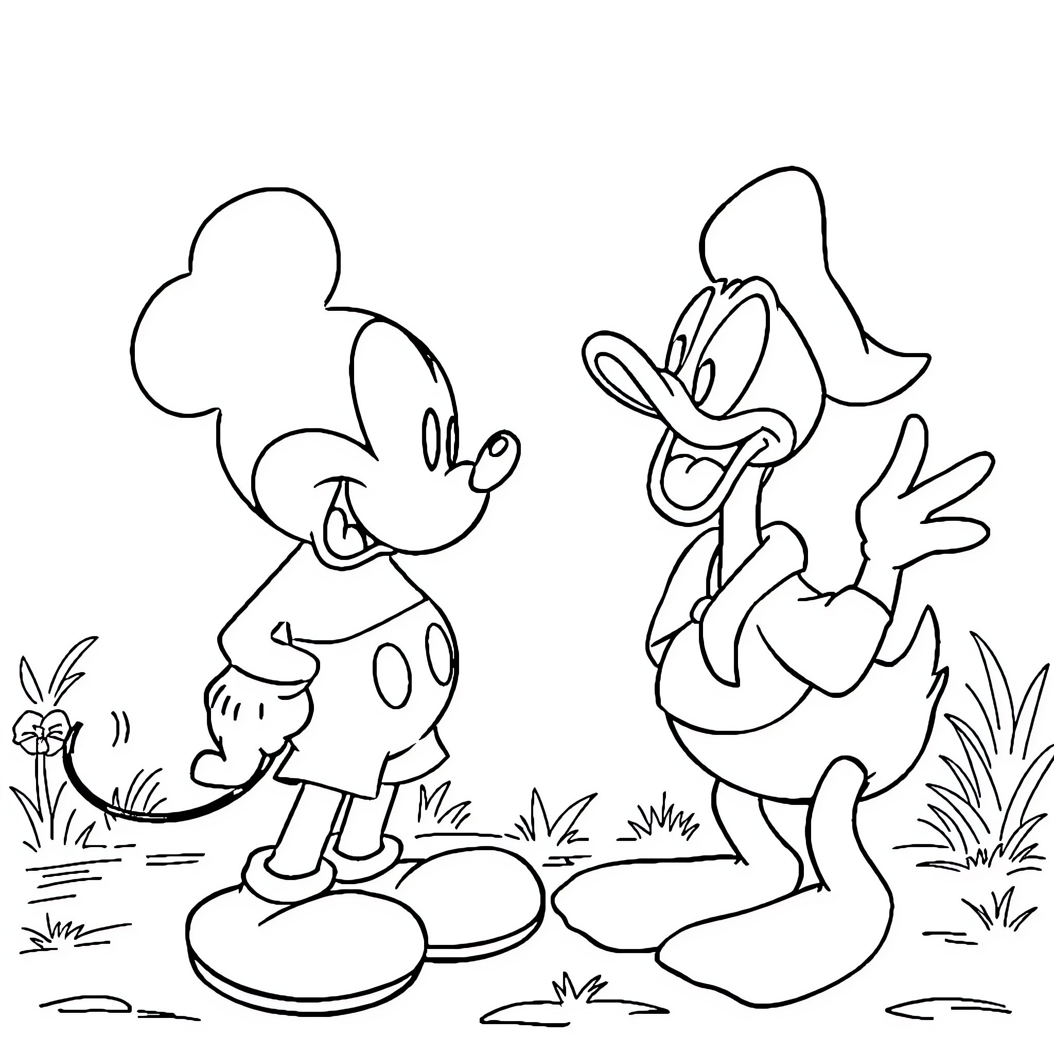 Mickey and Donald Duck in Playful Interaction Coloring Page (free black-and-white line drawing printable PDF for all, from beginners to advanced learners, including children, teens, adults, and seniors)