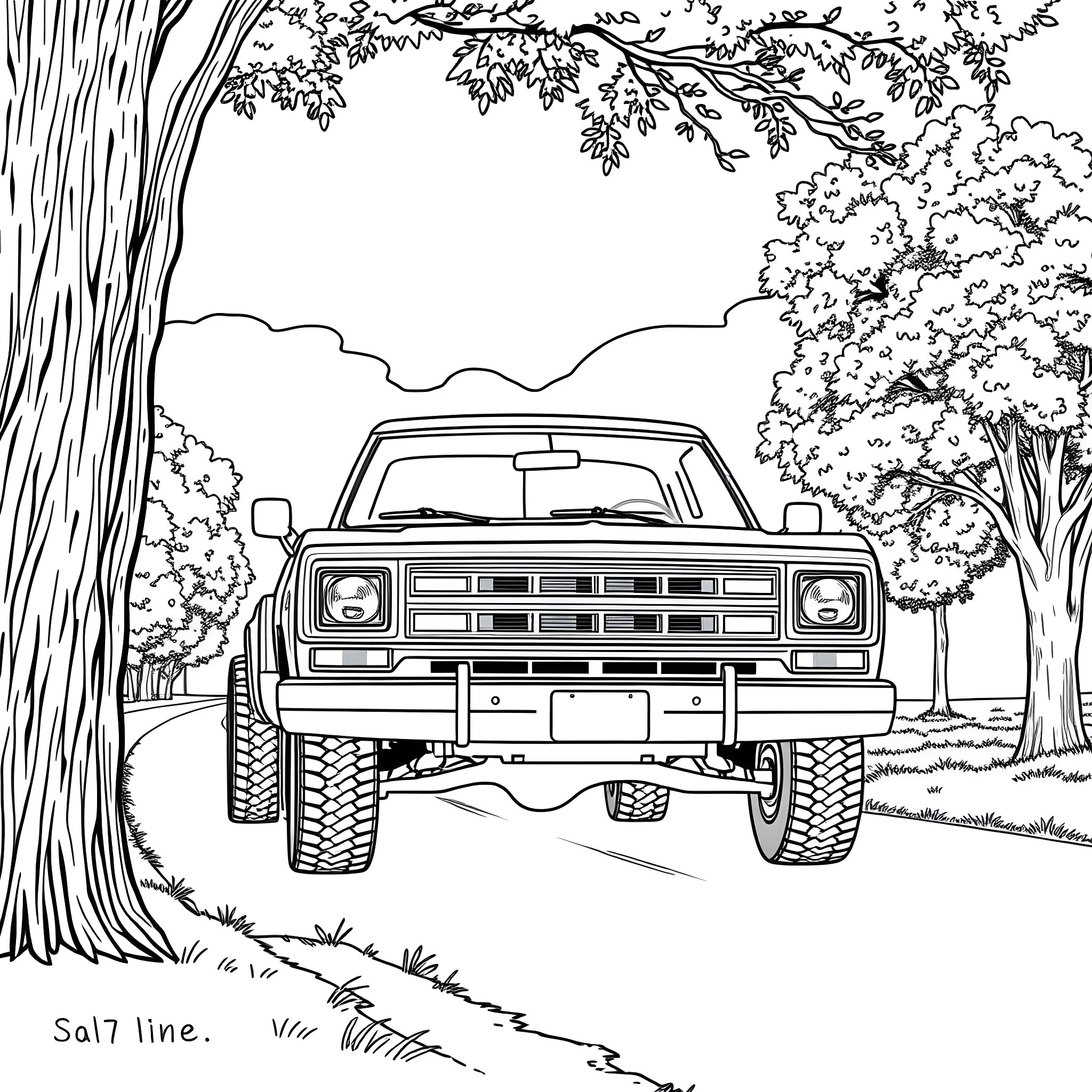 Dodge truck off-roading in the forest Coloring Page (free black-and-white line drawing printable PDF for all, from beginners to advanced learners, including children, teens, adults, and seniors)