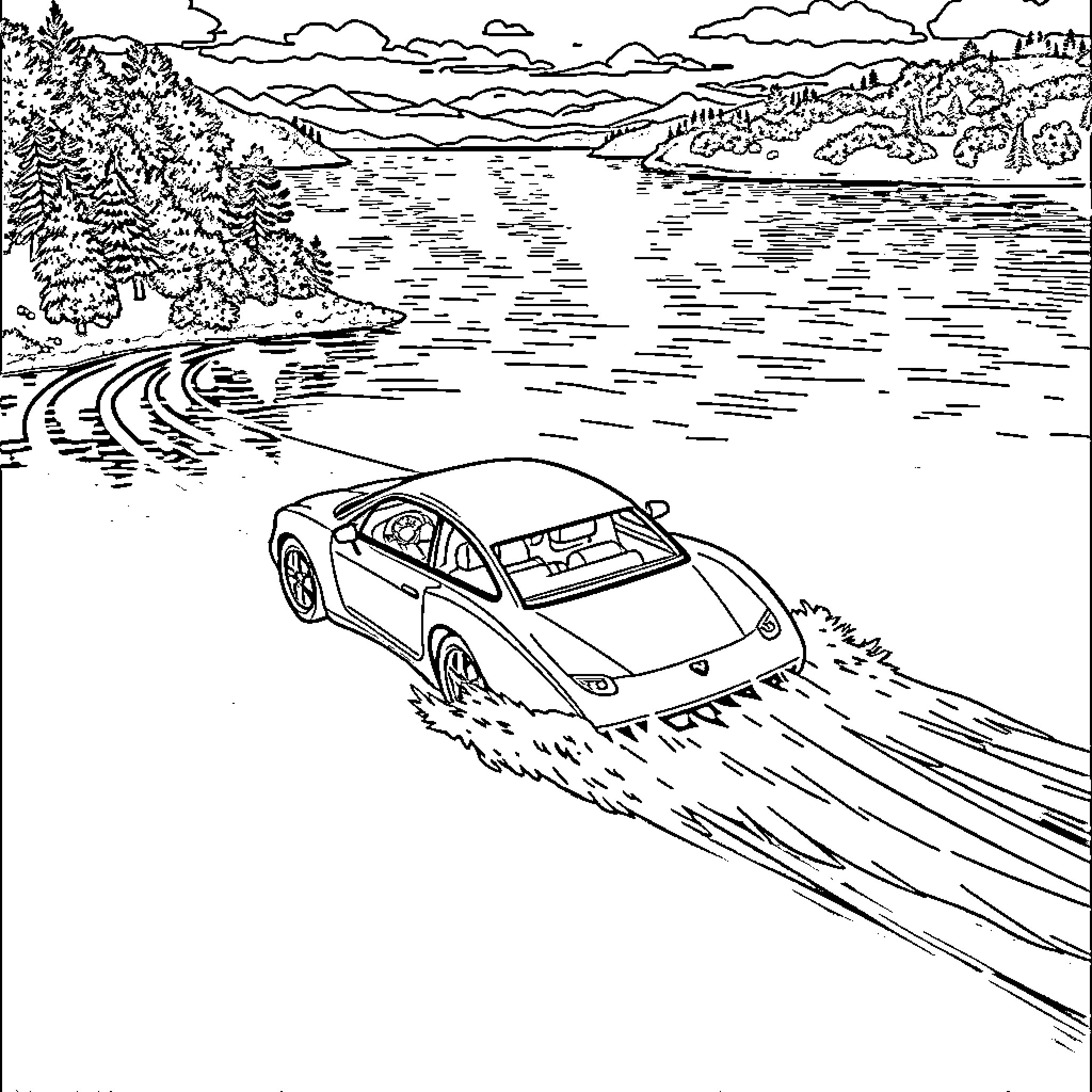 Car racing through scenic lakeside landscape Coloring Page (free black-and-white line drawing printable PDF for all, from beginners to advanced learners, including children, teens, adults, and seniors)