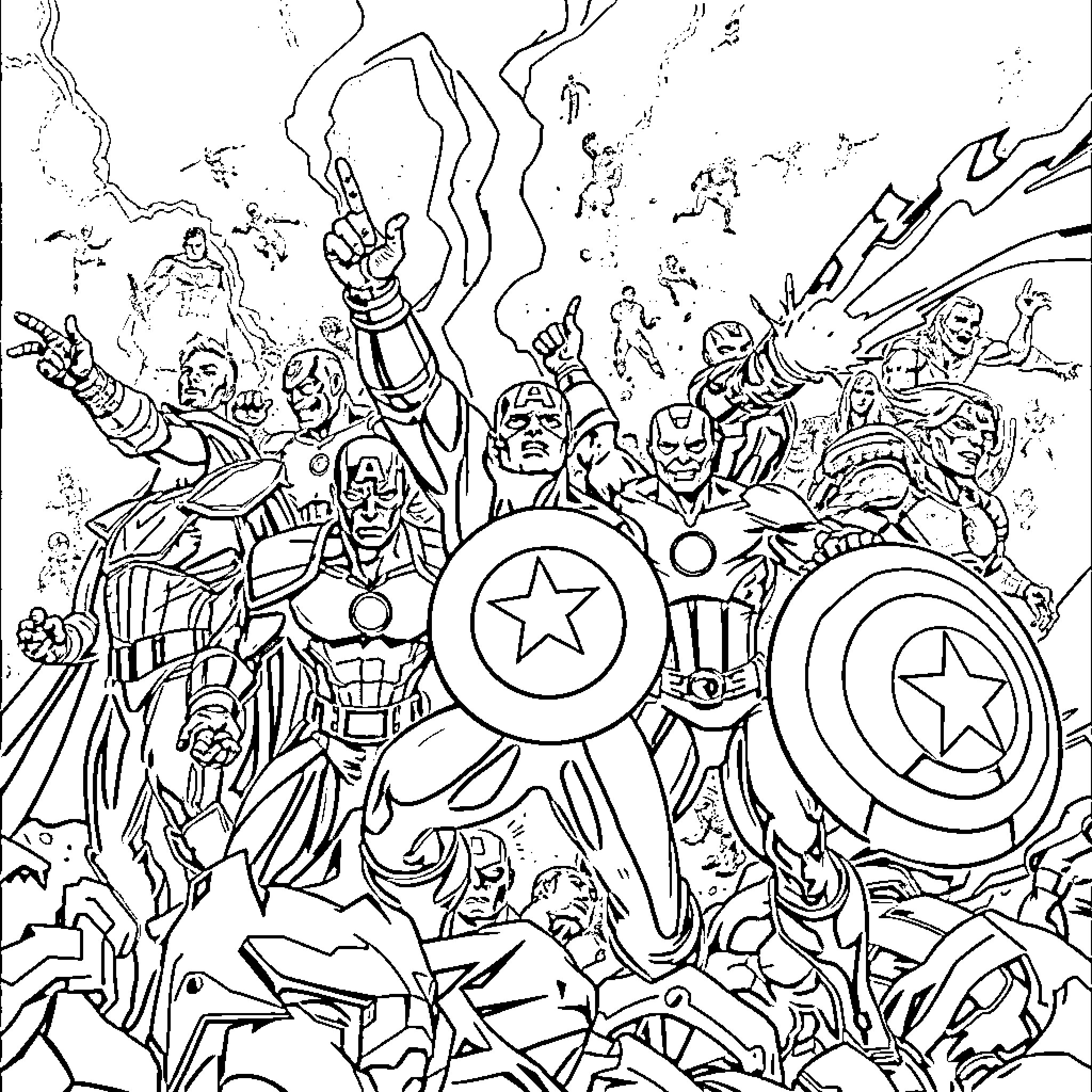 Avenger heroes in epic battle formation Coloring Page (free black-and-white line drawing printable PDF for all, from beginners to advanced learners, including children, teens, adults, and seniors)