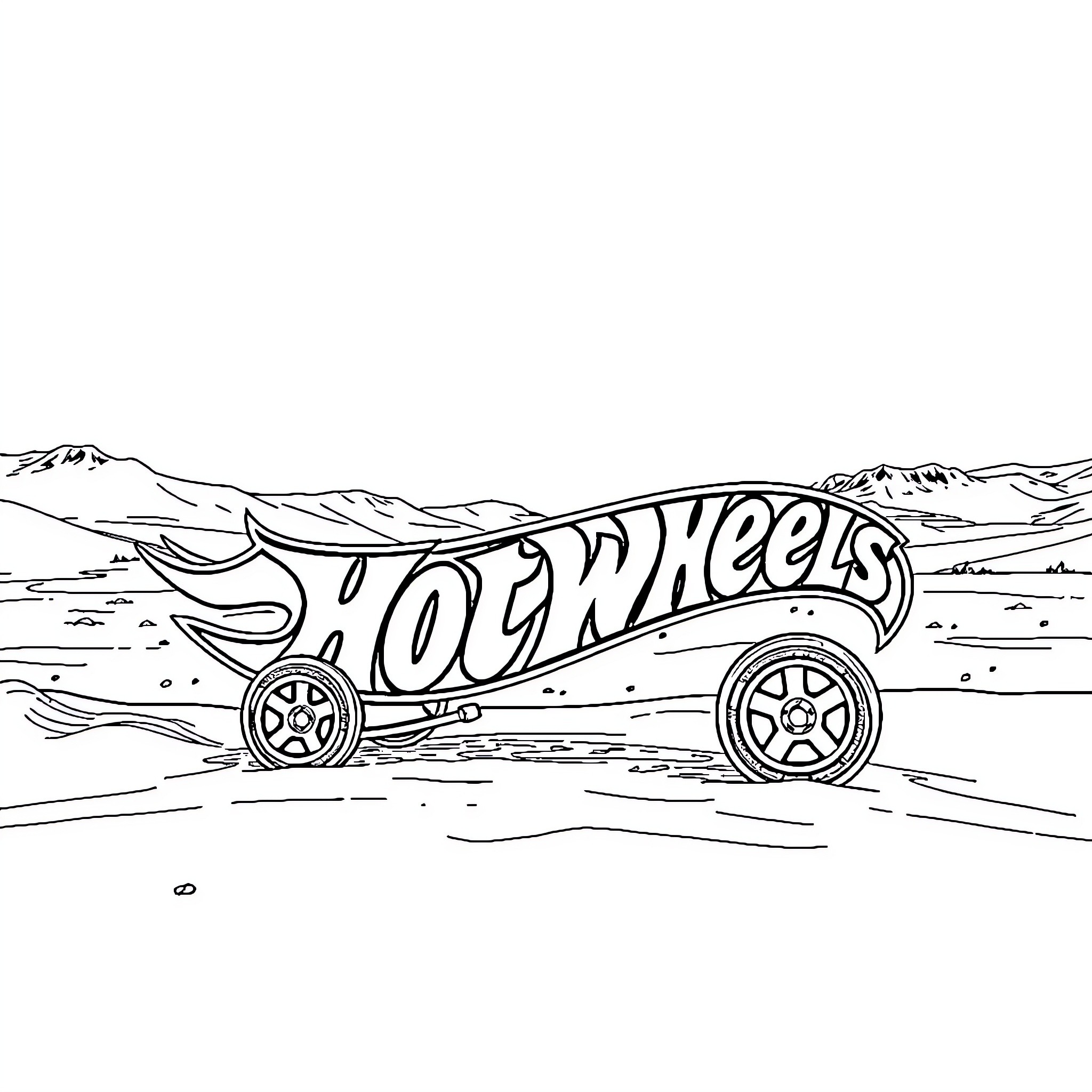 Hotwheels racing through the desert landscape Coloring Page (free black-and-white line drawing printable PDF for all, from beginners to advanced learners, including children, teens, adults, and seniors)