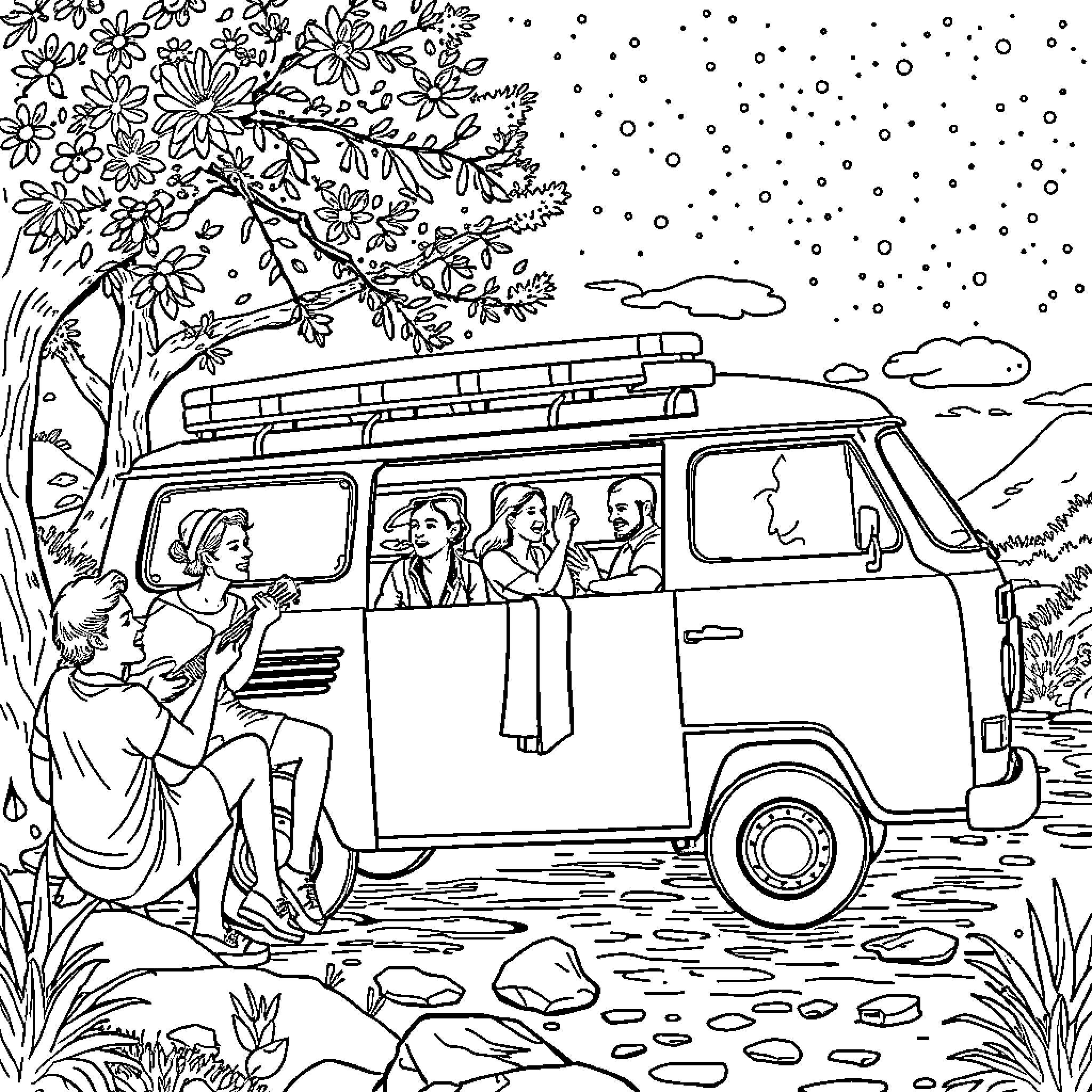 Van carrying friends on outdoor adventure Coloring Page (free black-and-white line drawing printable PDF for all, from beginners to advanced learners, including children, teens, adults, and seniors)