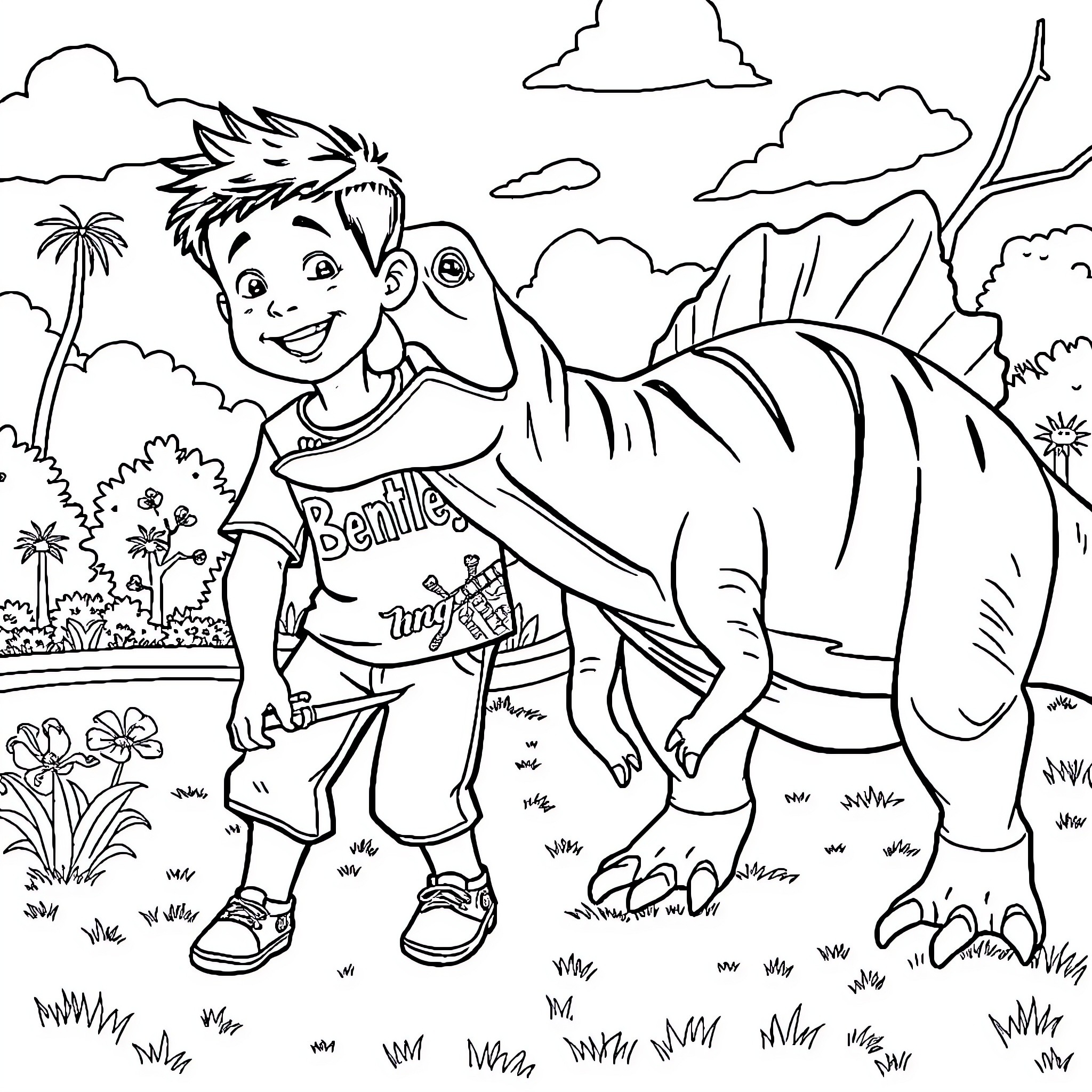 Boy exploring the prehistoric world with a dinosaur Coloring Page (free black-and-white line drawing printable PDF for all, from beginners to advanced learners, including children, teens, adults, and seniors)