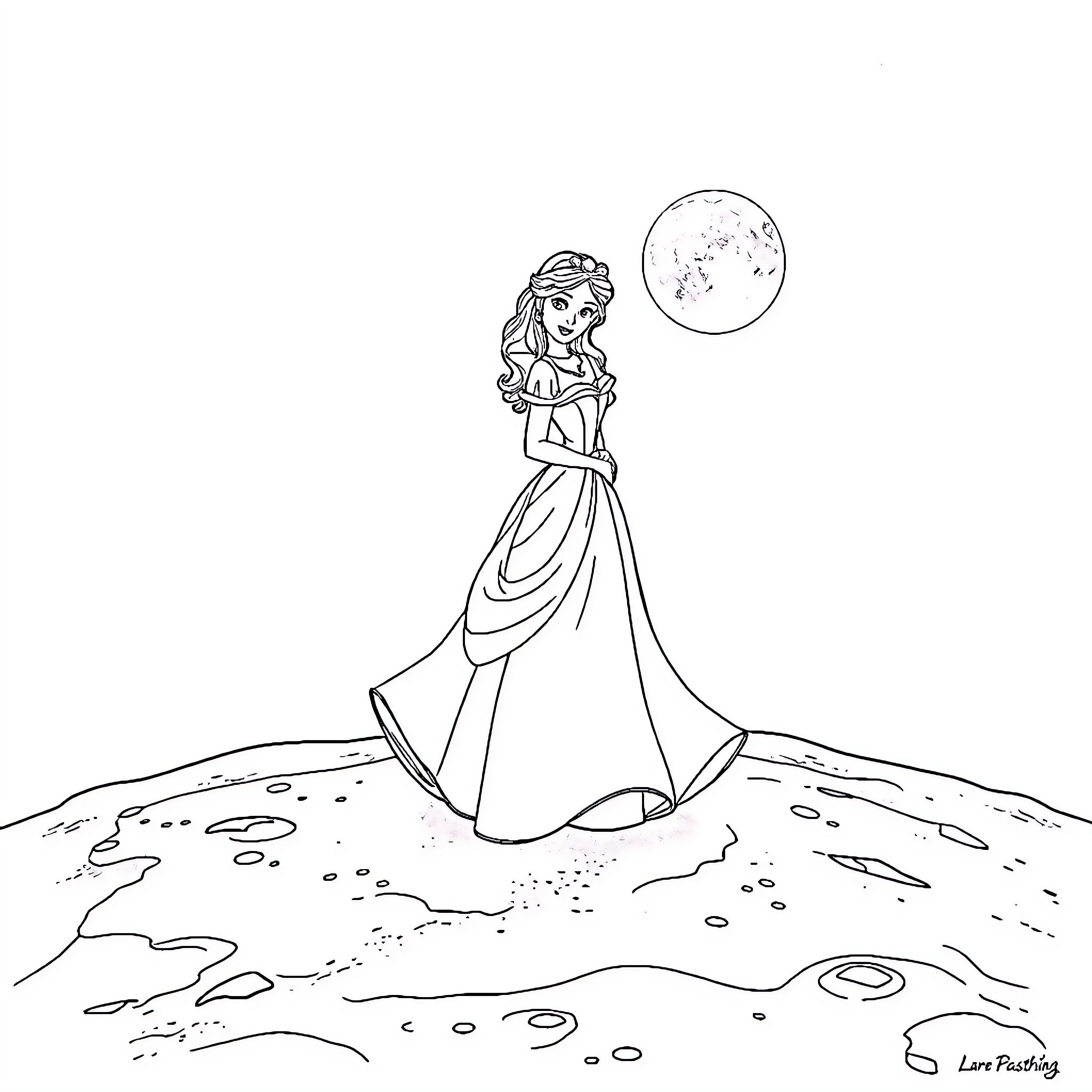 Belle Gazing at the Enchanted Moon Coloring Page (free black-and-white line drawing printable PDF for all, from beginners to advanced learners, including children, teens, adults, and seniors)