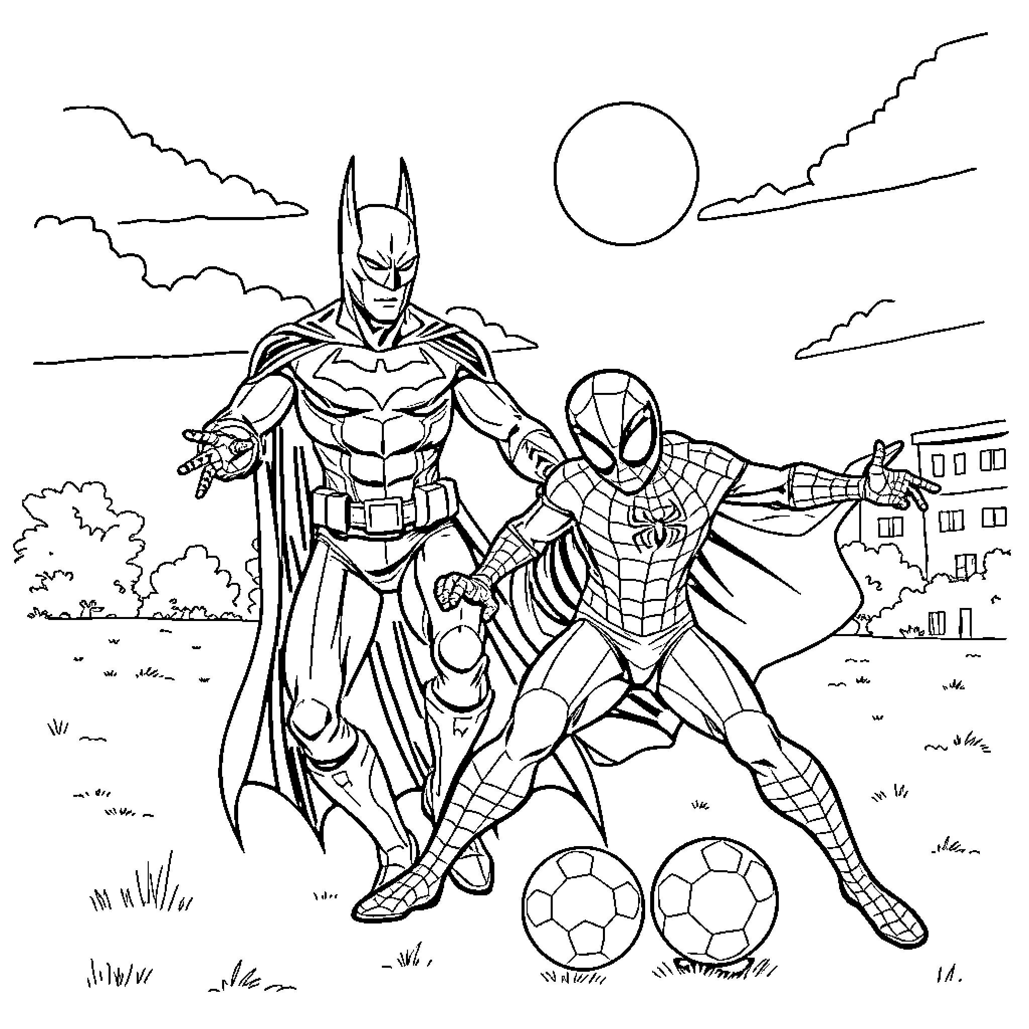Spiderman and Batman heroic duo in action Coloring Page (free black-and-white line drawing printable PDF for all, from beginners to advanced learners, including children, teens, adults, and seniors)