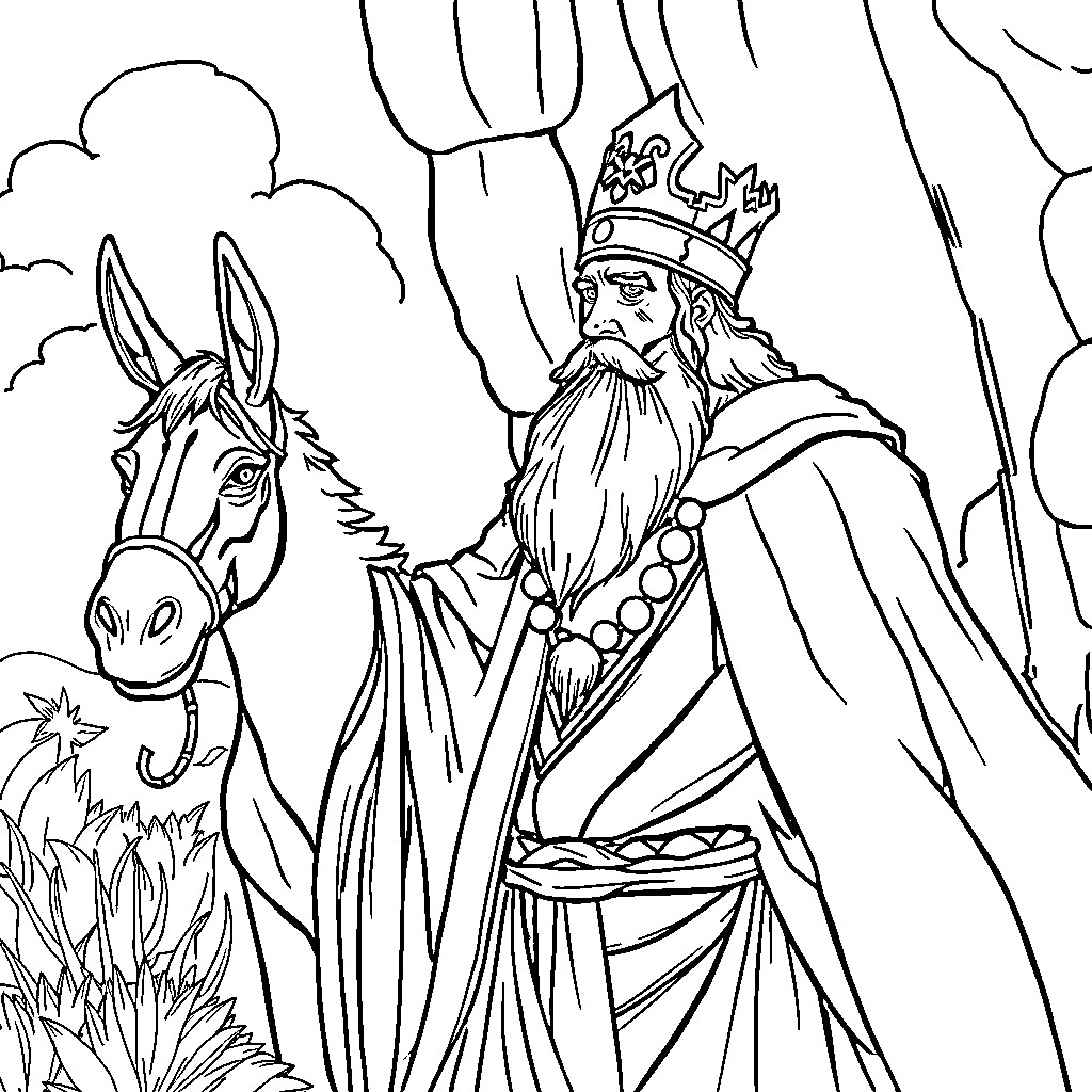 King and his Loyal Donkey in Nature Coloring Page (free black-and-white line drawing printable PDF for all, from beginners to advanced learners, including children, teens, adults, and seniors)