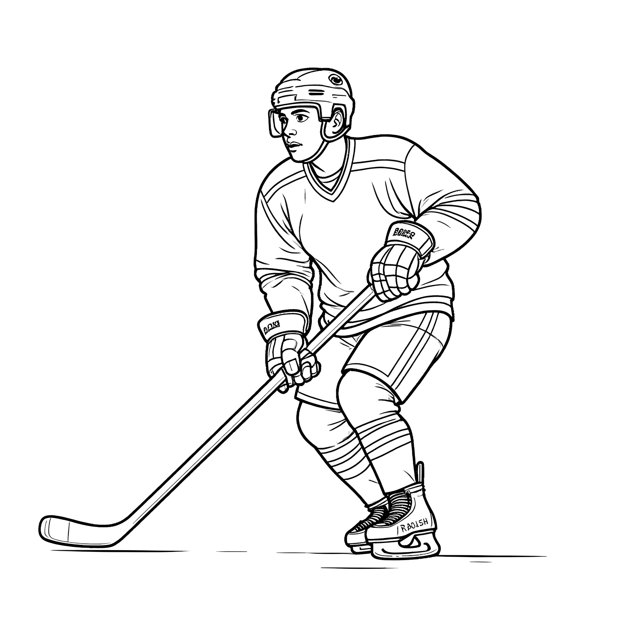 Hockey Player in Action on the Ice Coloring Page (free black-and-white line drawing printable PDF for all, from beginners to advanced learners, including children, teens, adults, and seniors)
