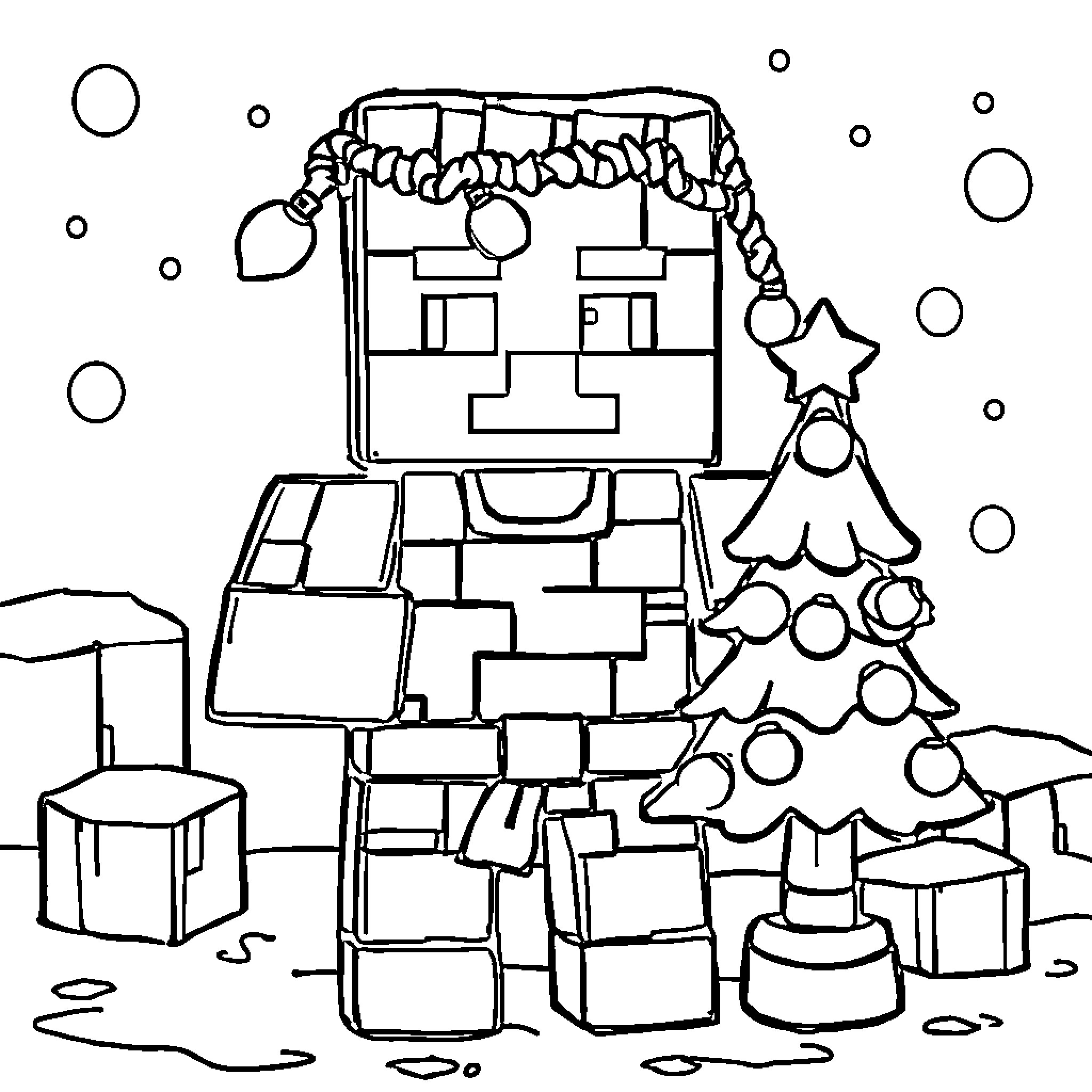 Minecraft character decorating Christmas tree Coloring Page (free black-and-white line drawing printable PDF for all, from beginners to advanced learners, including children, teens, adults, and seniors)