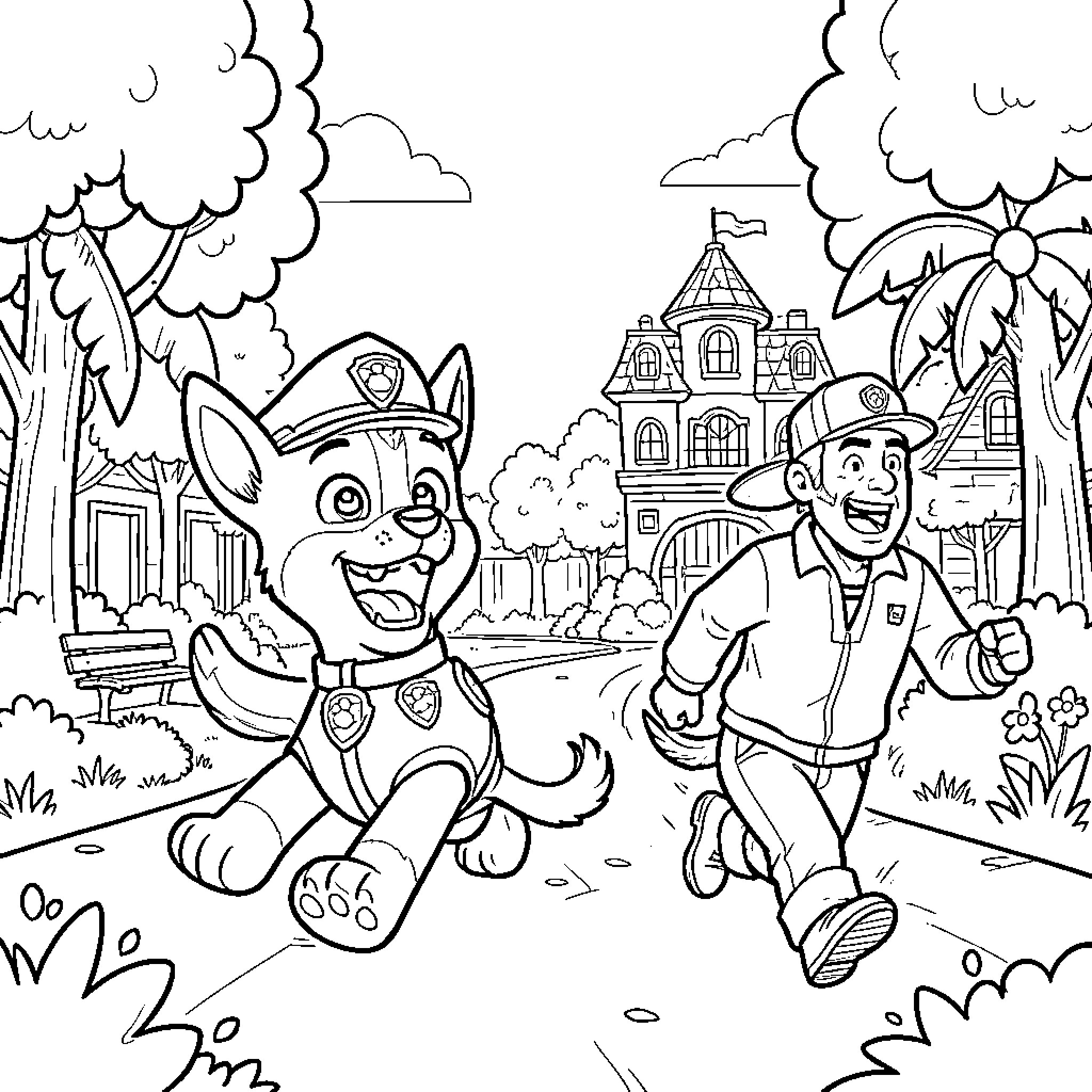 Chase through the town with police officers Coloring Page (free black-and-white line drawing printable PDF for all, from beginners to advanced learners, including children, teens, adults, and seniors)