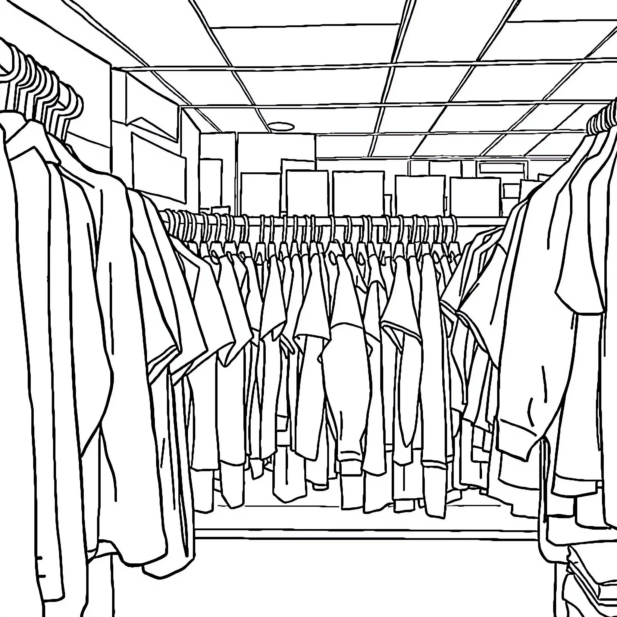 Clothing items displayed in a retail store Coloring Page (free black-and-white line drawing printable PDF for all, from beginners to advanced learners, including children, teens, adults, and seniors)