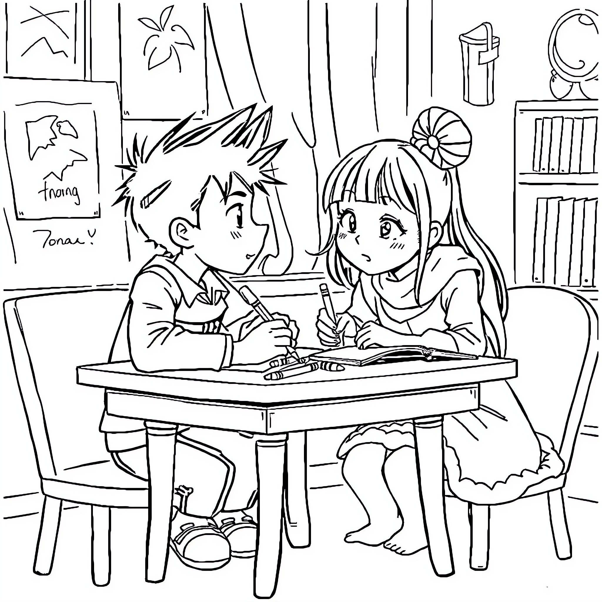 Tom Tom Working on a Homework Assignment Together Coloring Page (free black-and-white line drawing printable PDF for all, from beginners to advanced learners, including children, teens, adults, and seniors)