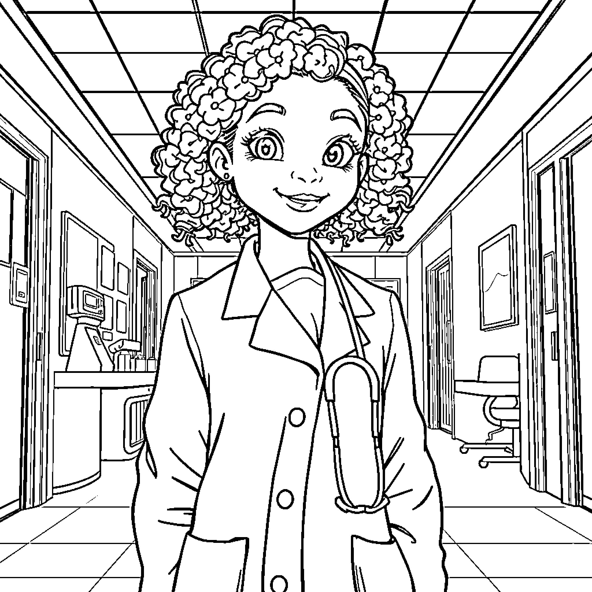 Doctor with curly hair in medical clinic Coloring Page (free black-and-white line drawing printable PDF for all, from beginners to advanced learners, including children, teens, adults, and seniors)