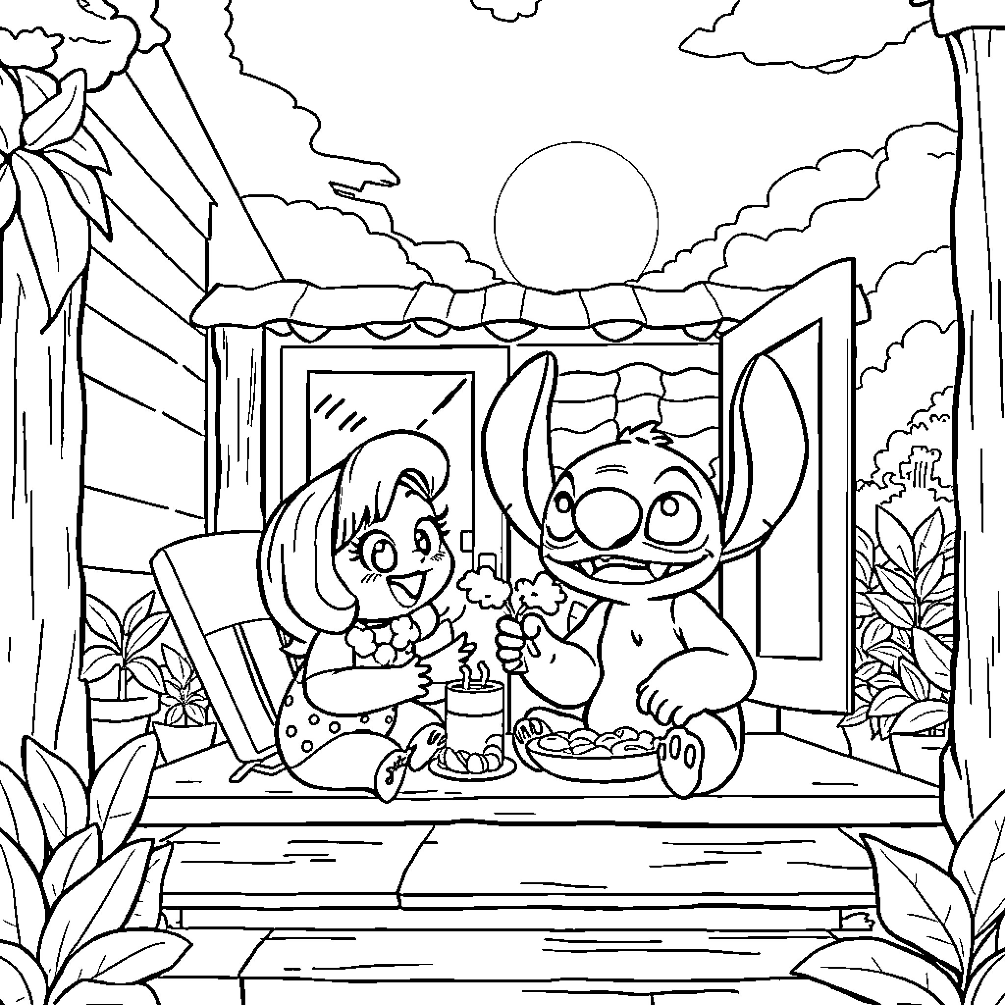 Lilo enjoying a cozy day with Stitch Coloring Page (free black-and-white line drawing printable PDF for all, from beginners to advanced learners, including children, teens, adults, and seniors)