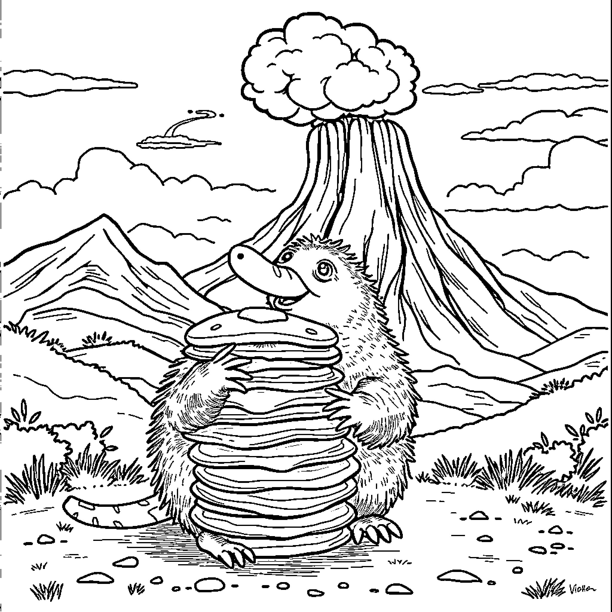 Platypus exploring the volcanic landscape Coloring Page (free black-and-white line drawing printable PDF for all, from beginners to advanced learners, including children, teens, adults, and seniors)