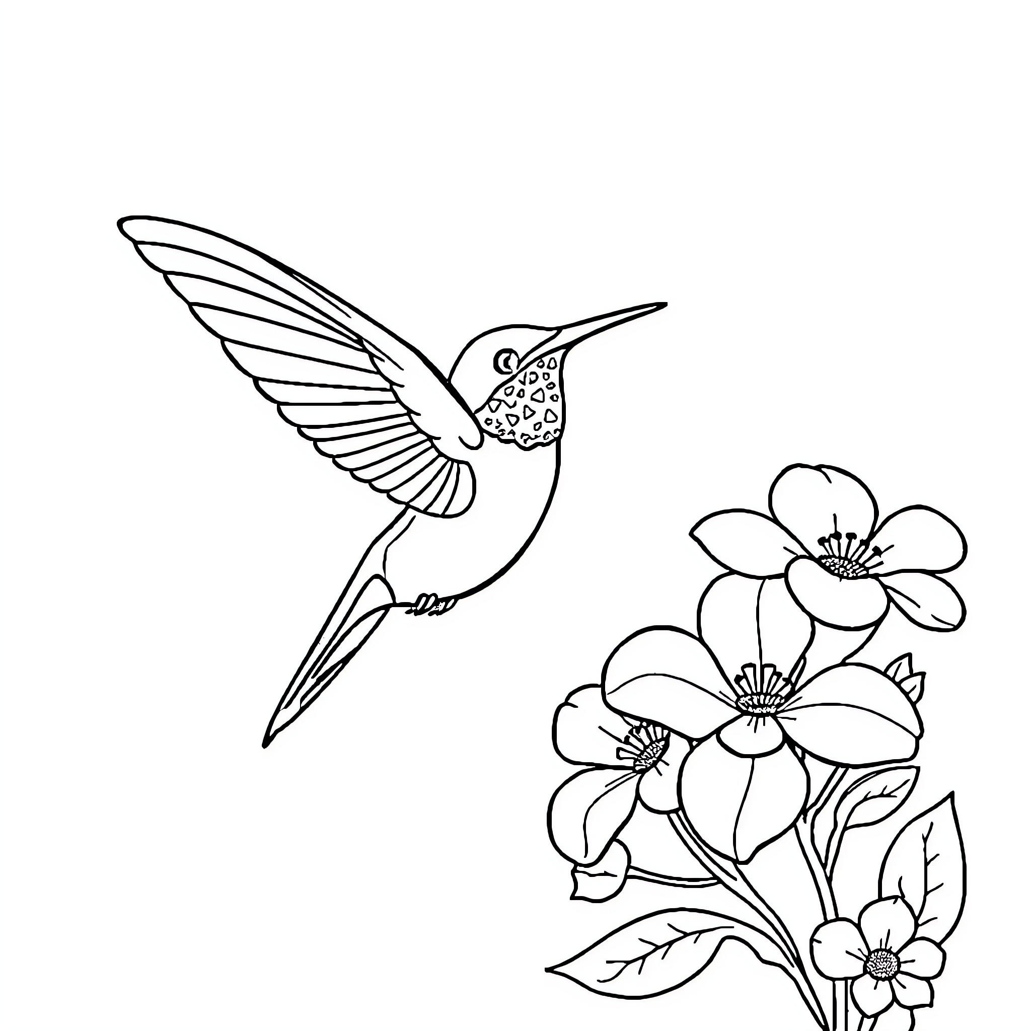 Hummingbird hovering near vibrant flowers Coloring Page (free black-and-white line drawing printable PDF for all, from beginners to advanced learners, including children, teens, adults, and seniors)