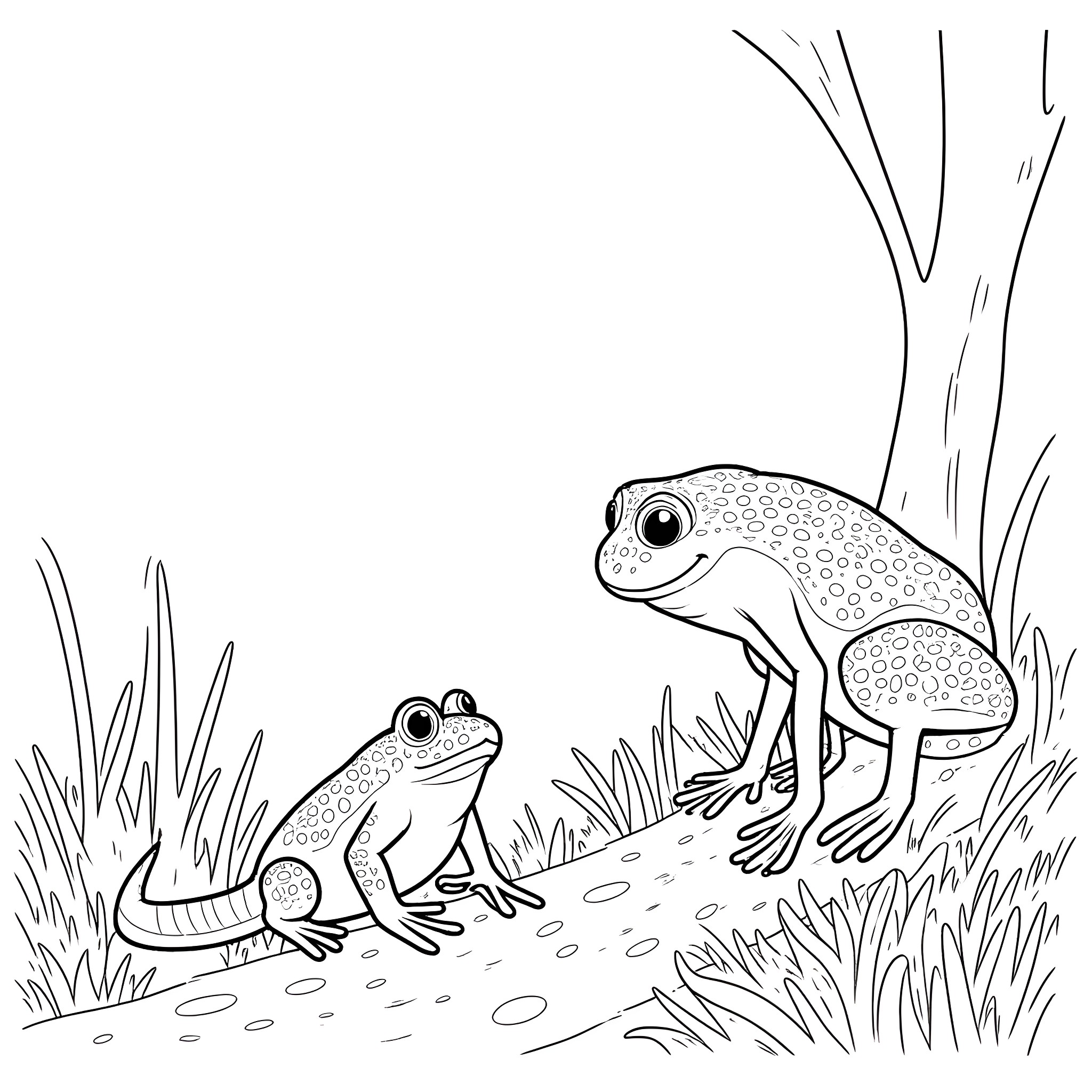 Frog resting peacefully in the grass Coloring Page (free black-and-white line drawing printable PDF for all, from beginners to advanced learners, including children, teens, adults, and seniors)